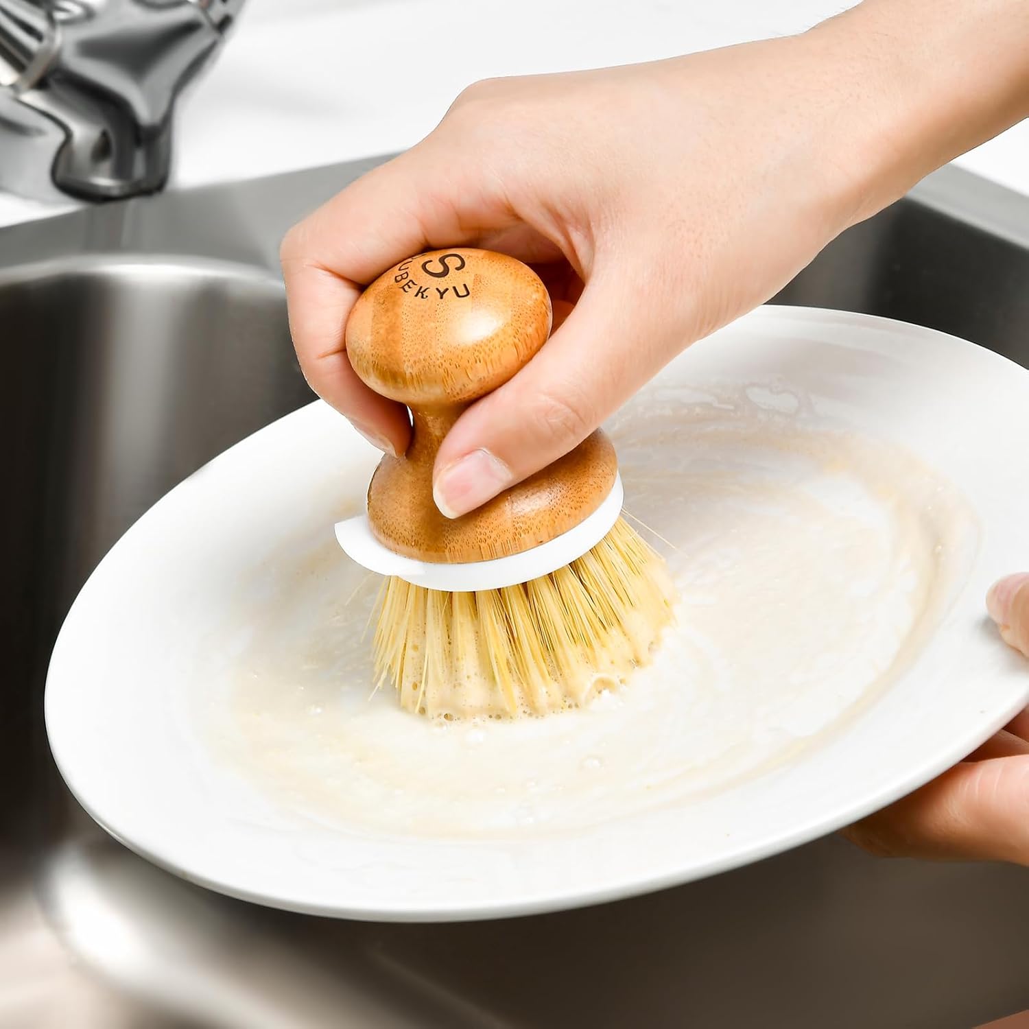 SUBEKYU SUBEKYU Bamboo Dish Brush with Soap Dispenser Natural Wooden Kitchen Scrubber for Dishes Pans Pots Built-in Scraper and Sisal Bristles - View 6 of 6