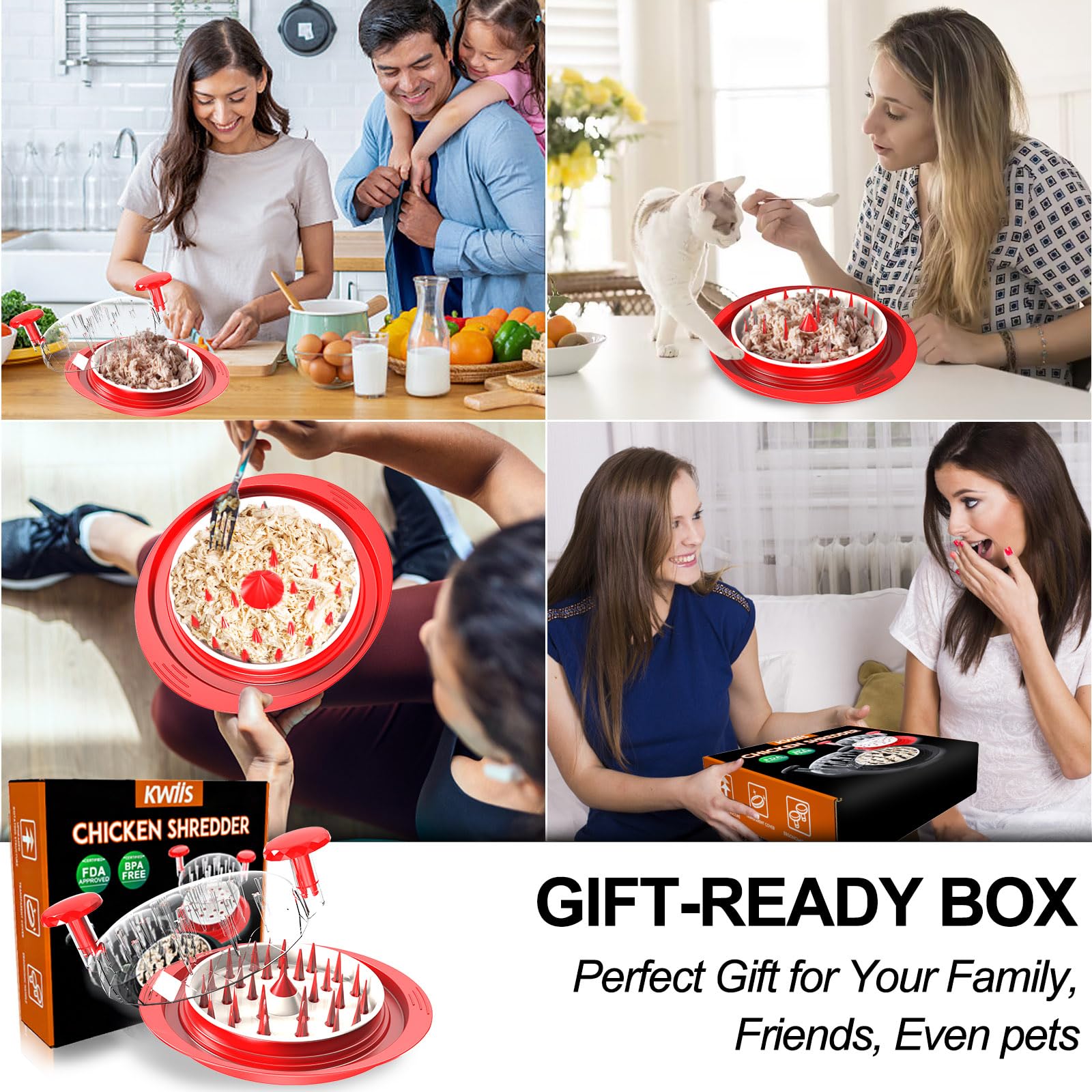 kwiwis Large Chicken Shredder Tool with Plate Ergonomic Handle Heat Resistant BPA Free Ideal for Pulled Pork Beef and Chicken Breast Red - View 8 of 9