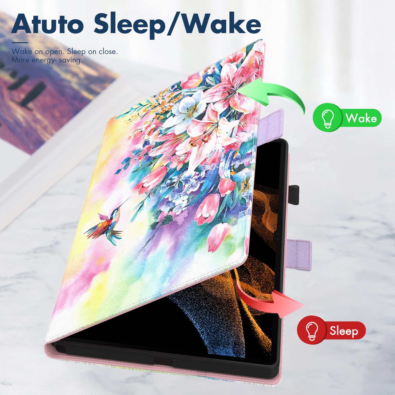 Dteck Dteck Galaxy Tab S10 S9 S8 Case Premium PU Leather Folding Smart Kickstand Auto Wake Sleep Cover with S Pen Holder Hummingbirds Design - View 2 of 7
