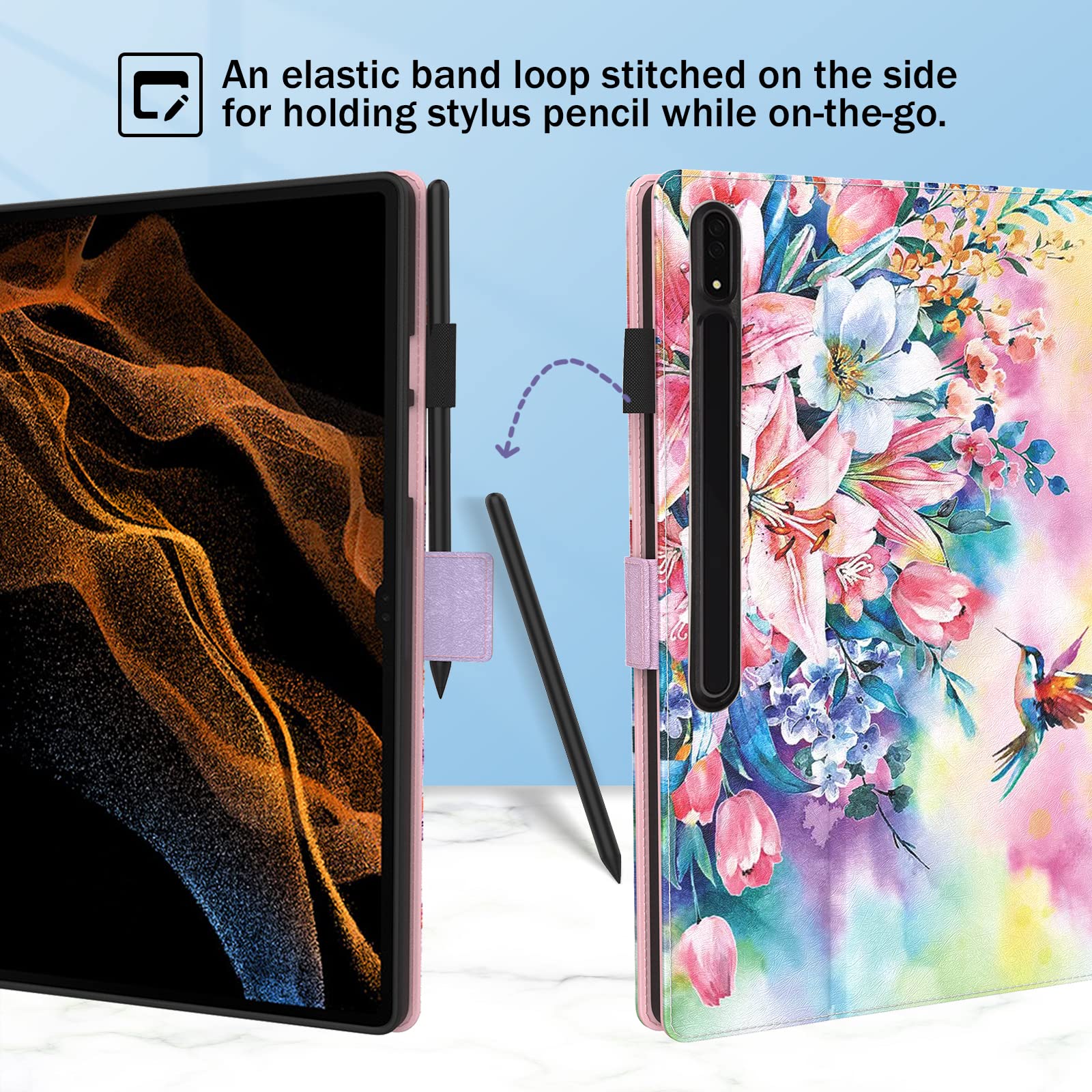 Dteck Dteck Galaxy Tab S10 S9 S8 Case Premium PU Leather Folding Smart Kickstand Auto Wake Sleep Cover with S Pen Holder Hummingbirds Design - View 4 of 7