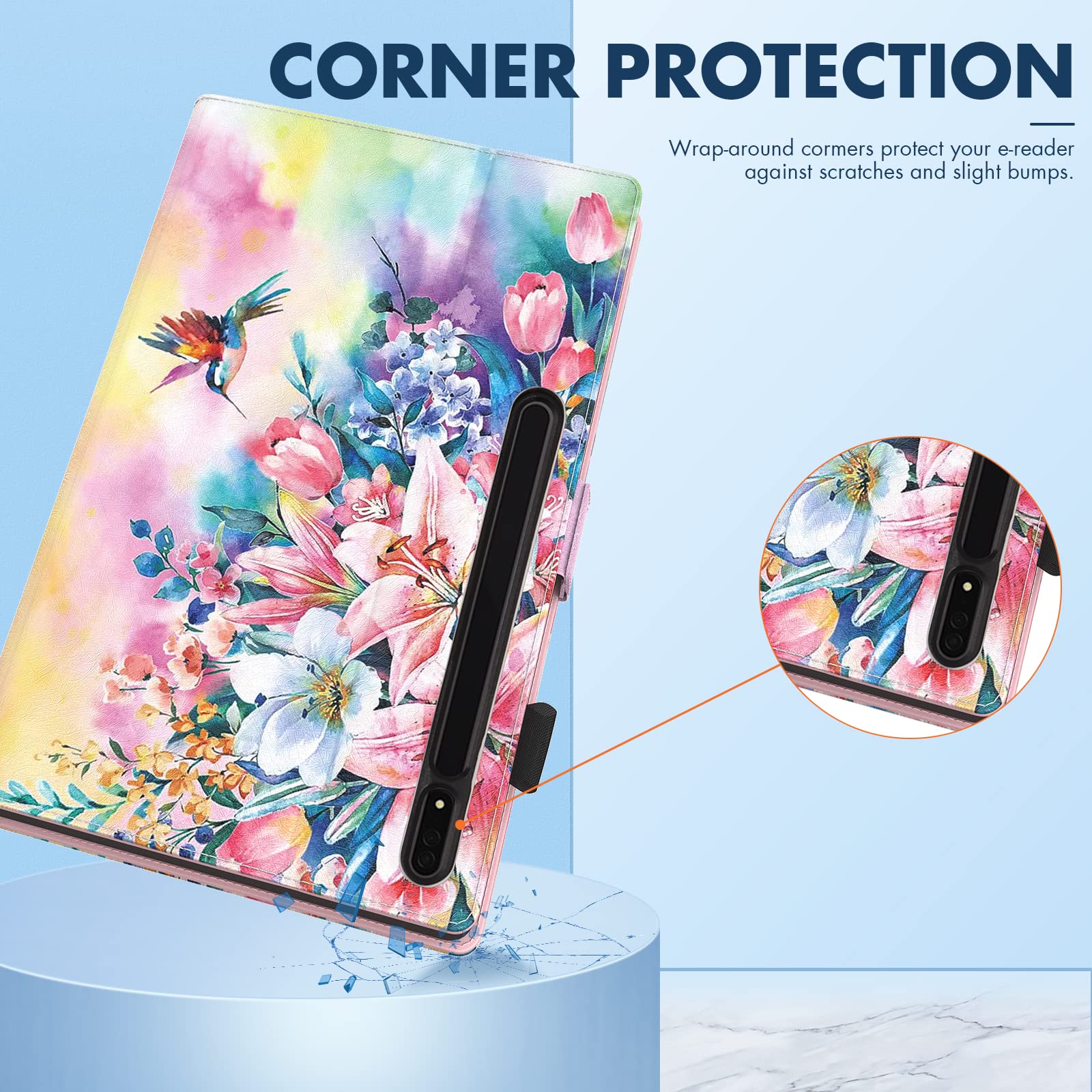 Dteck Dteck Galaxy Tab S10 S9 S8 Case Premium PU Leather Folding Smart Kickstand Auto Wake Sleep Cover with S Pen Holder Hummingbirds Design - View 5 of 7