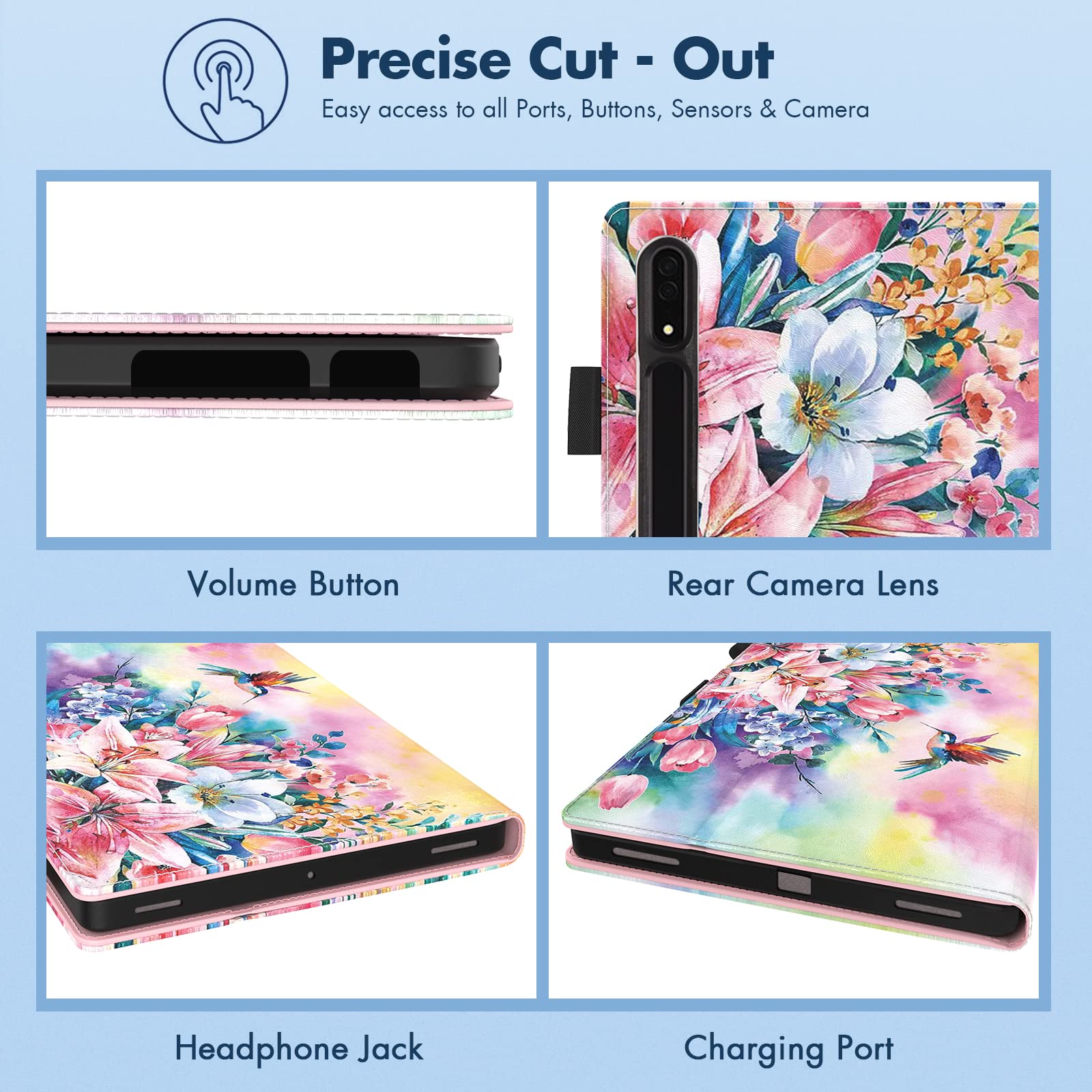 Dteck Dteck Galaxy Tab S10 S9 S8 Case Premium PU Leather Folding Smart Kickstand Auto Wake Sleep Cover with S Pen Holder Hummingbirds Design - View 6 of 7