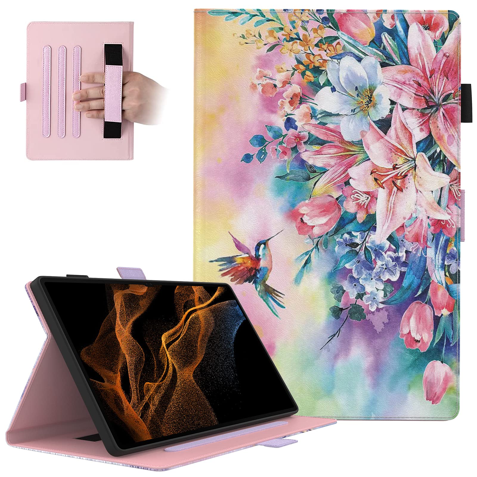 Dteck Galaxy Tab S10 S9 S8 Case Premium PU Leather Folding Smart Kickstand Auto Wake Sleep Cover with S Pen Holder Hummingbirds Design
