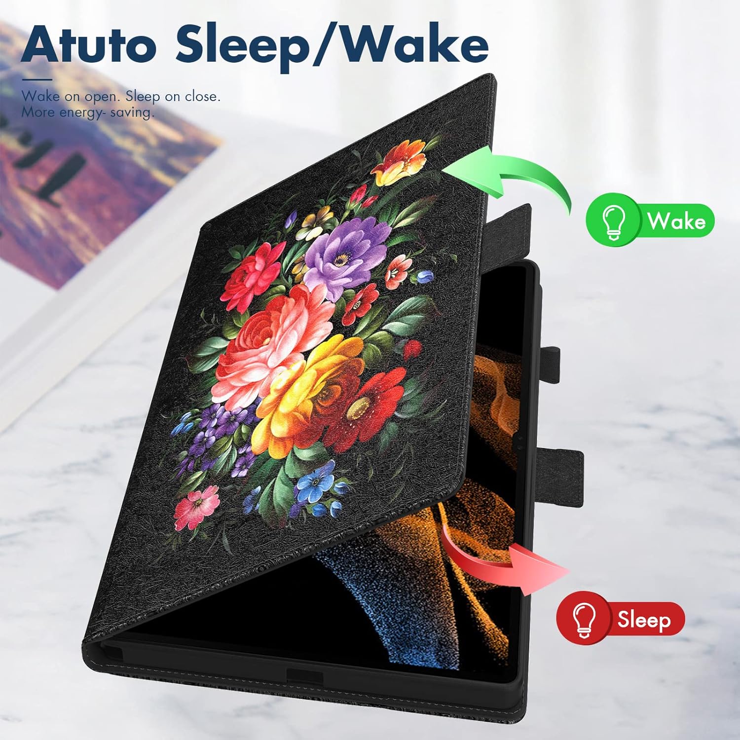 Dteck Dteck Premium PU Leather Case for Galaxy Tab S10 S9 S8 Ultra with Kickstand Auto Wake Sleep Cover and S Pen Holder Peony Flower Design - View 2 of 9