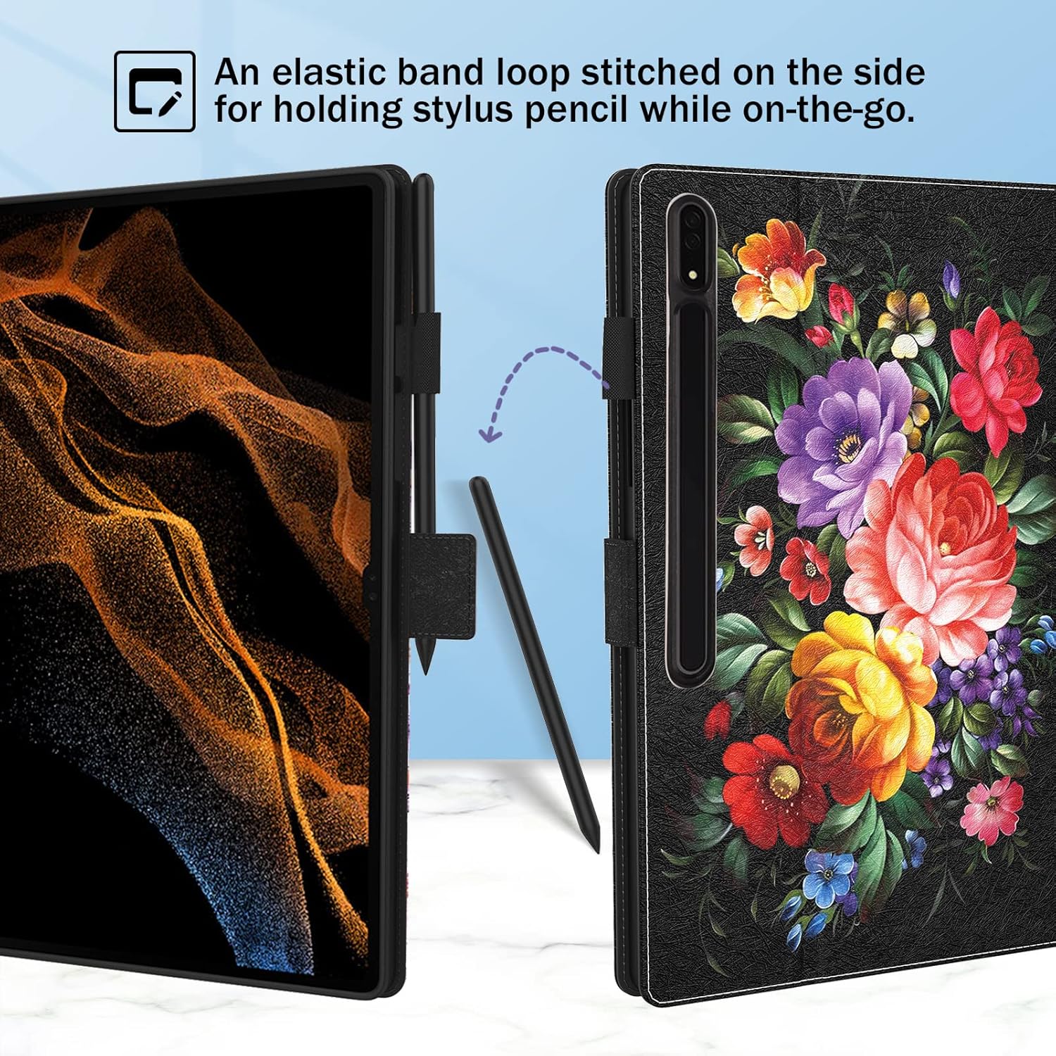 Dteck Dteck Premium PU Leather Case for Galaxy Tab S10 S9 S8 Ultra with Kickstand Auto Wake Sleep Cover and S Pen Holder Peony Flower Design - View 4 of 9