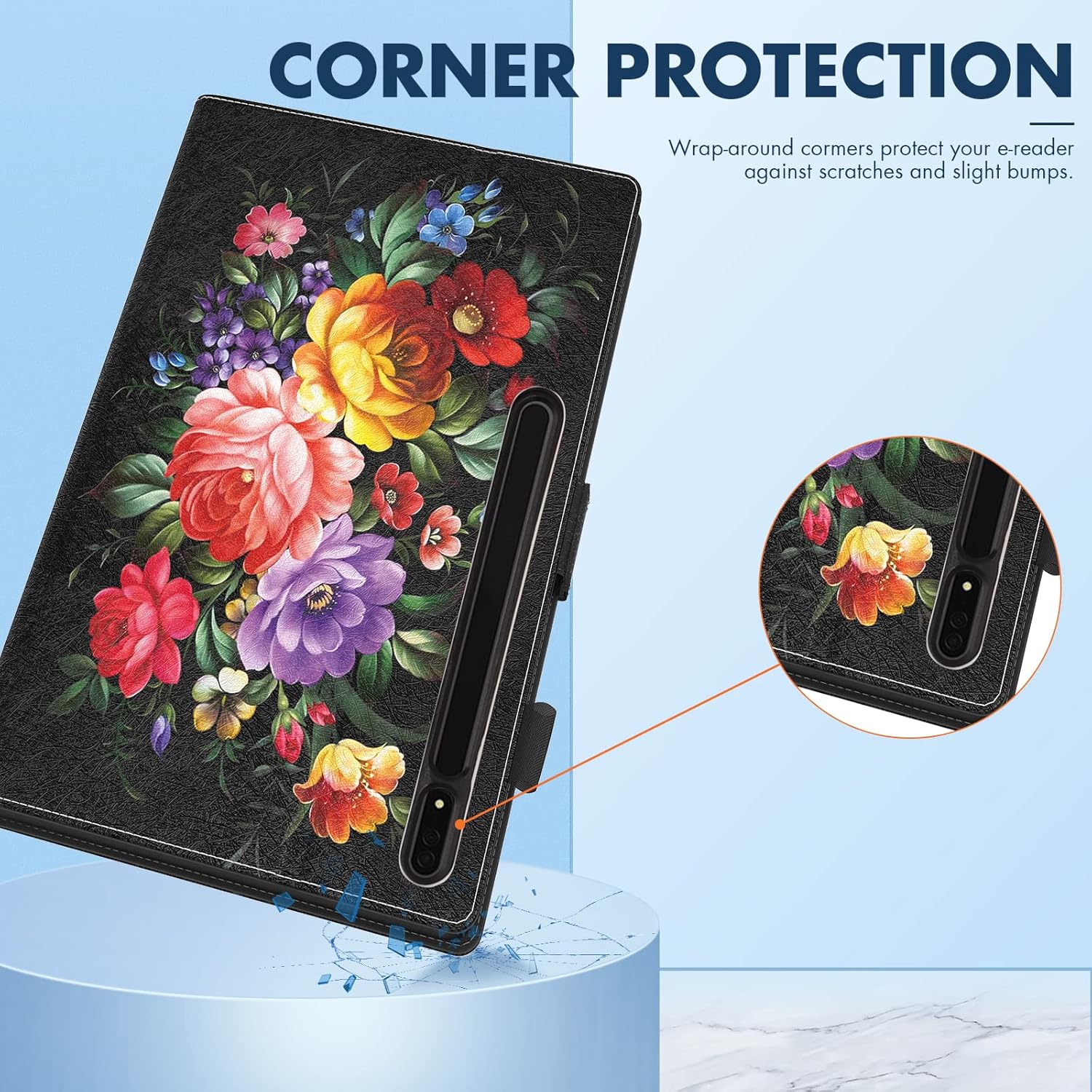 Dteck Dteck Premium PU Leather Case for Galaxy Tab S10 S9 S8 Ultra with Kickstand Auto Wake Sleep Cover and S Pen Holder Peony Flower Design - View 5 of 9