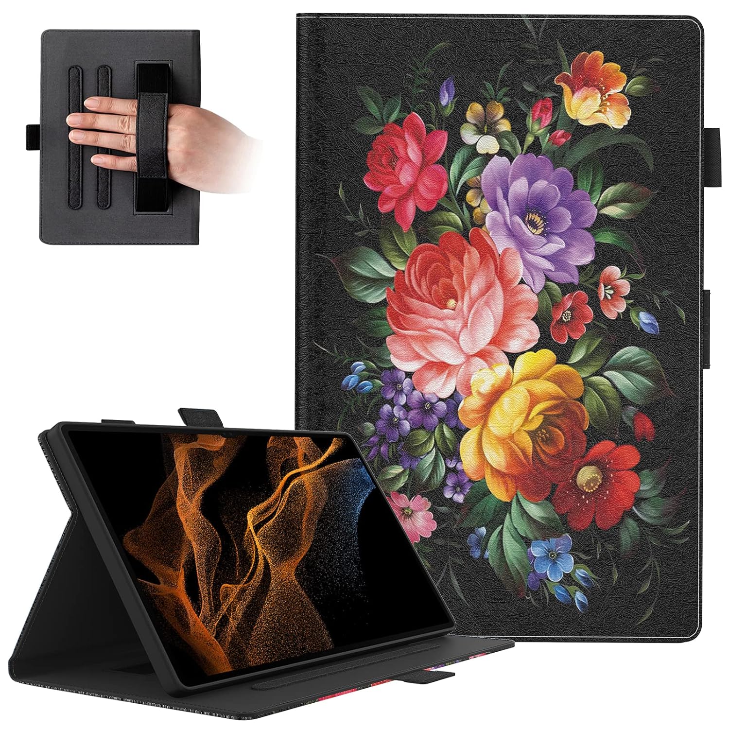 Dteck Premium PU Leather Case for Galaxy Tab S10 S9 S8 Ultra with Kickstand Auto Wake Sleep Cover and S Pen Holder Peony Flower Design