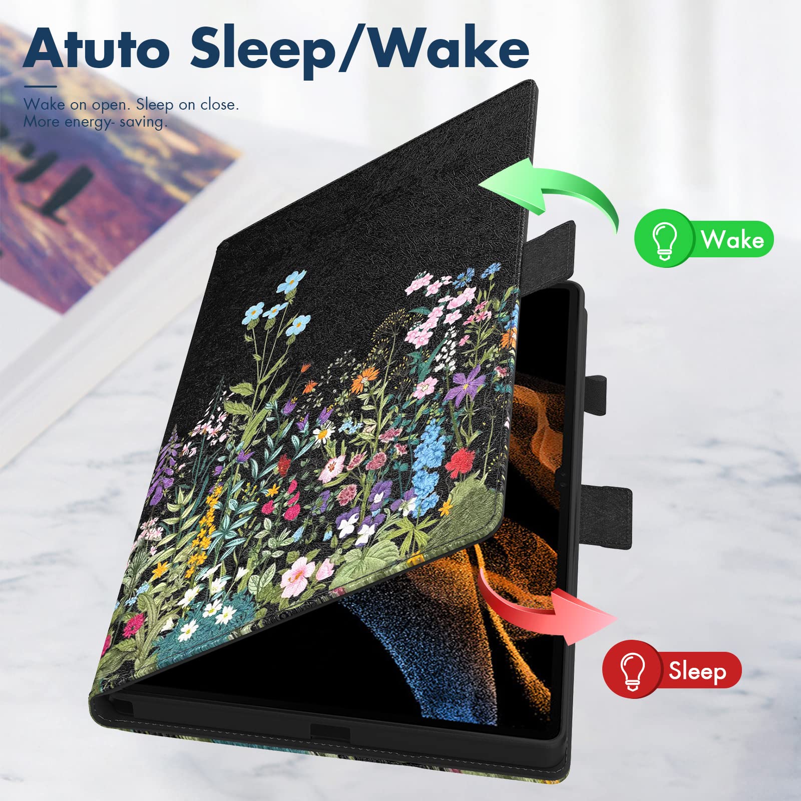 Dteck Dteck Premium PU Leather Case for Galaxy Tab S10 S9 S8 Ultra Folding Smart Kickstand Auto Wake Sleep Cover with S Pen Holder Flowers - View 2 of 7