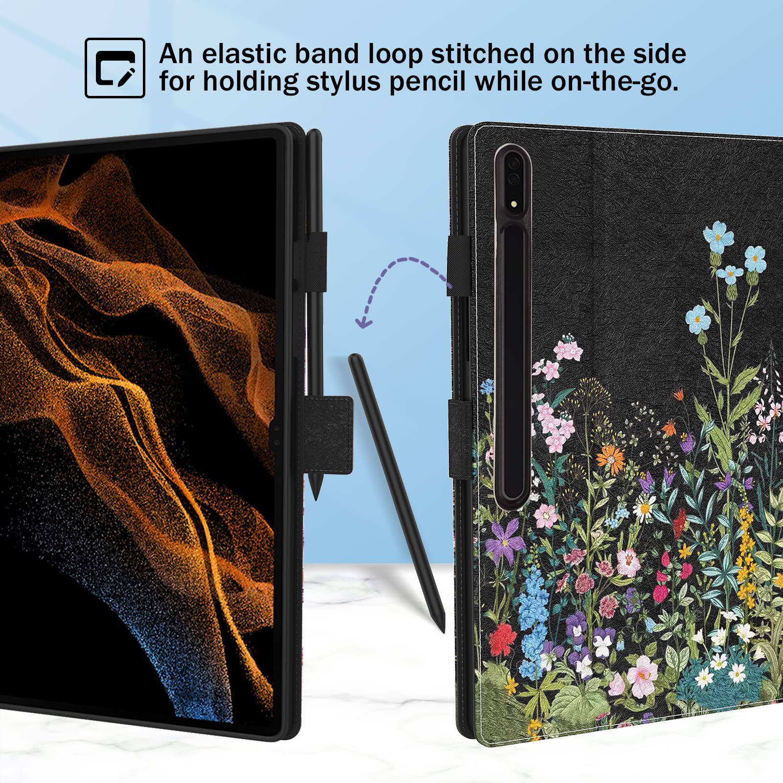 Dteck Dteck Premium PU Leather Case for Galaxy Tab S10 S9 S8 Ultra Folding Smart Kickstand Auto Wake Sleep Cover with S Pen Holder Flowers - View 4 of 7