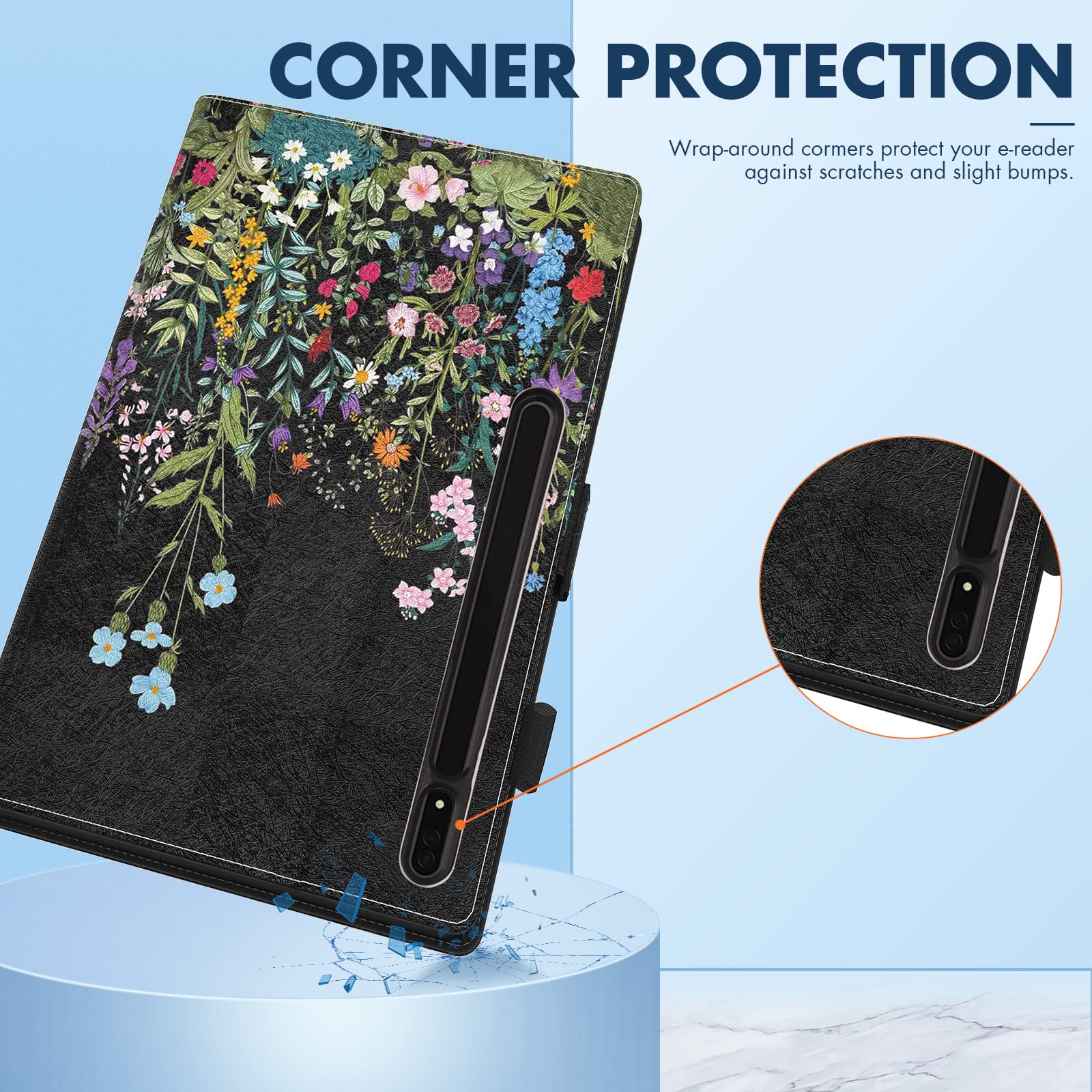 Dteck Dteck Premium PU Leather Case for Galaxy Tab S10 S9 S8 Ultra Folding Smart Kickstand Auto Wake Sleep Cover with S Pen Holder Flowers - View 5 of 7