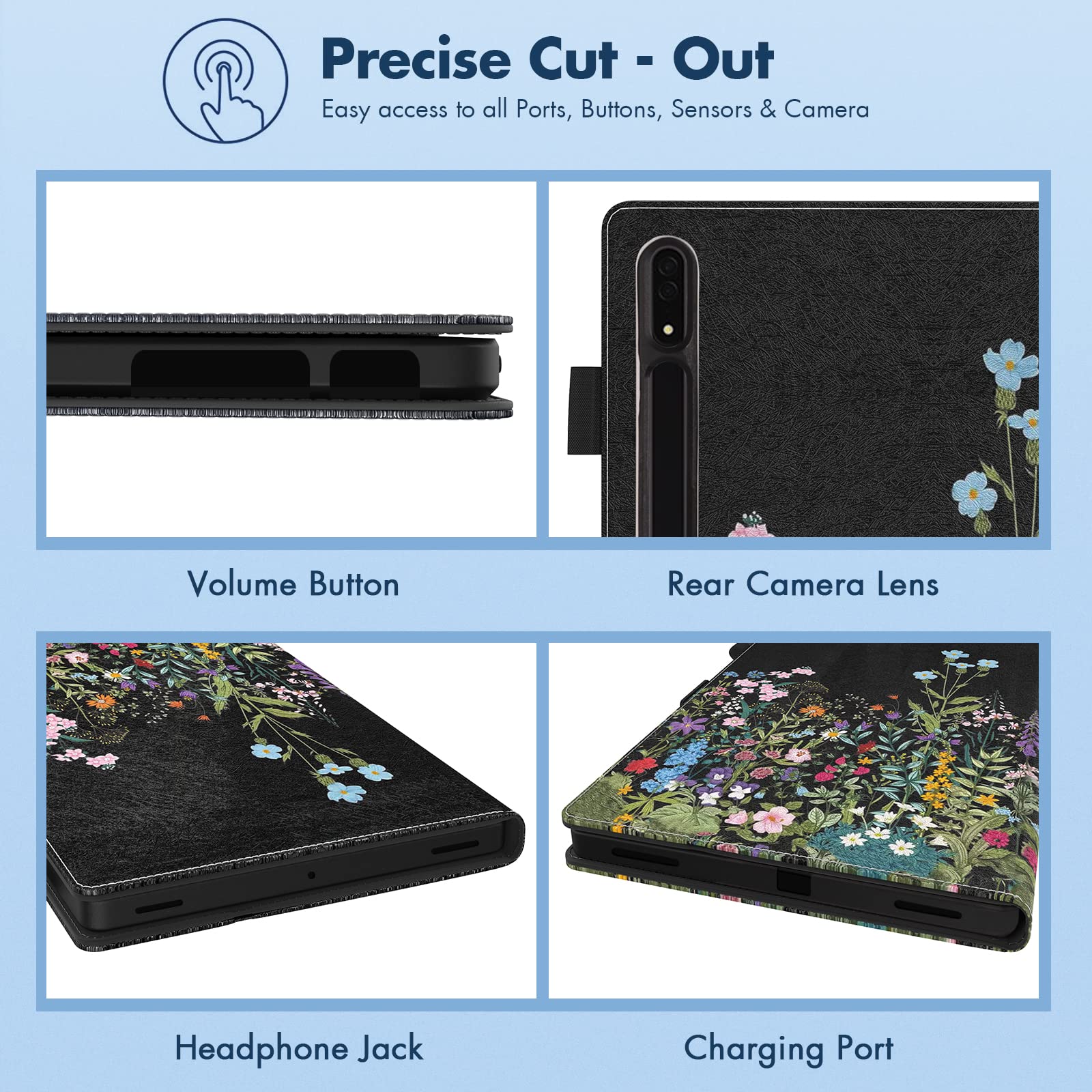 Dteck Dteck Premium PU Leather Case for Galaxy Tab S10 S9 S8 Ultra Folding Smart Kickstand Auto Wake Sleep Cover with S Pen Holder Flowers - View 6 of 7