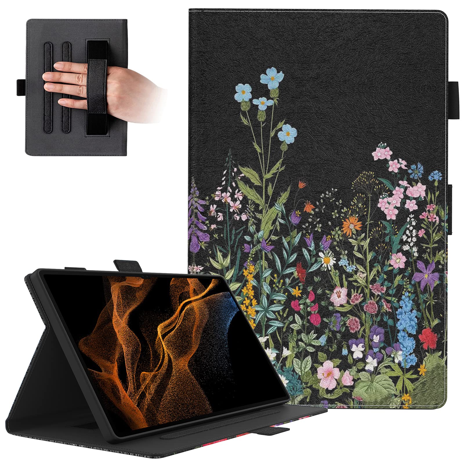 Dteck Premium PU Leather Case for Galaxy Tab S10 S9 S8 Ultra Folding Smart Kickstand Auto Wake Sleep Cover with S Pen Holder Flowers