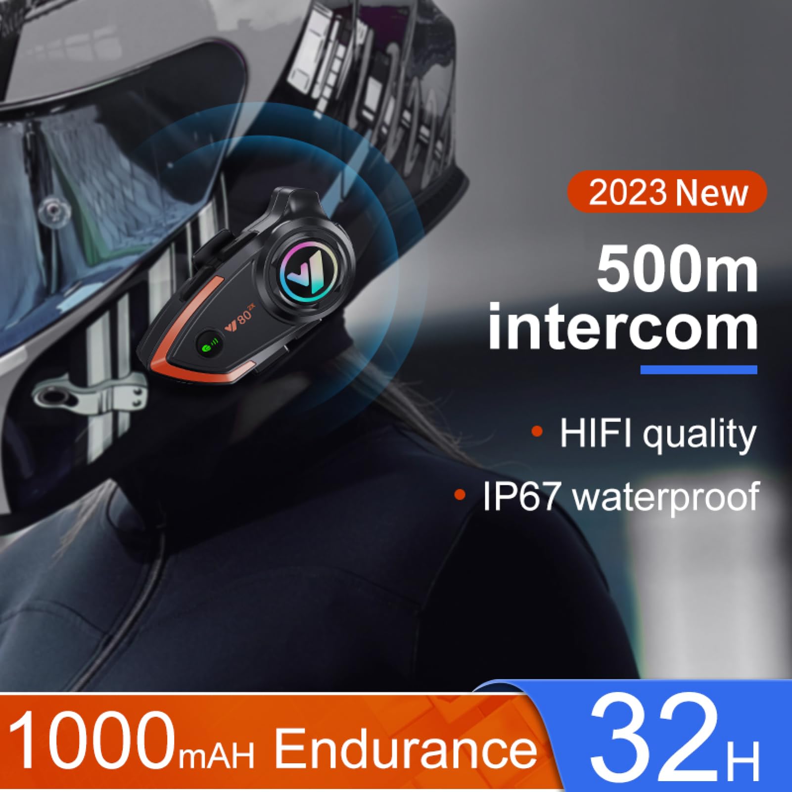 Khptop Khptop Bluetooth Motorcycle Helmet Headset 500m Intercom for 2 Riders with CVC Noise Cancellation for Riding Snowmobiling Cycling Sports - View 2 of 7