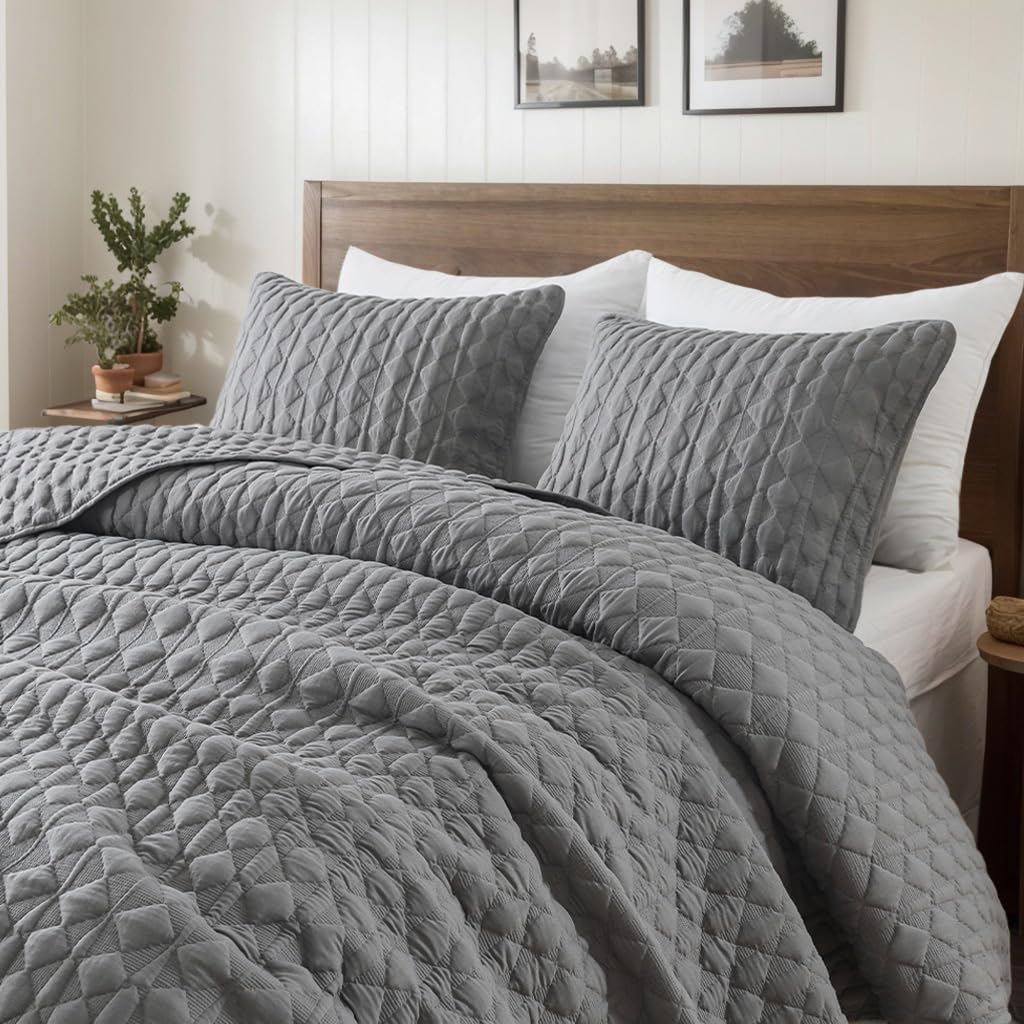 WDCOZY WDCOZY Oversized California King Quilt Bedding Set Dark Grey Lightweight Soft Bedspread Coverlet with Pillow Shams 3 Pieces 116x106 inches