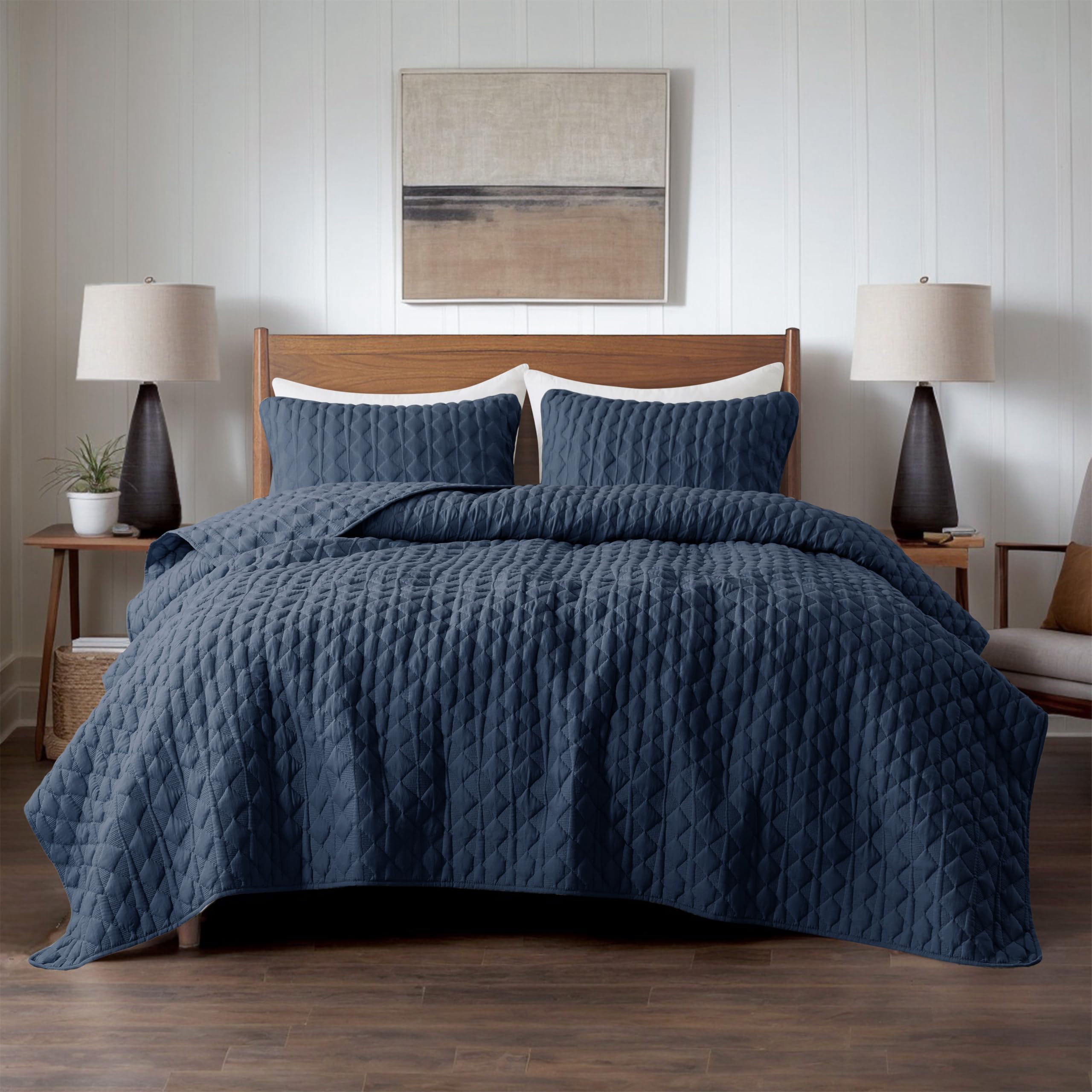 WDCOZY WDCOZY Oversized California King Size Quilt Bedding Set Navy Blue Lightweight Soft Bedspread Coverlet 3 Pieces All Season 116x106 inches - View 2 of 8