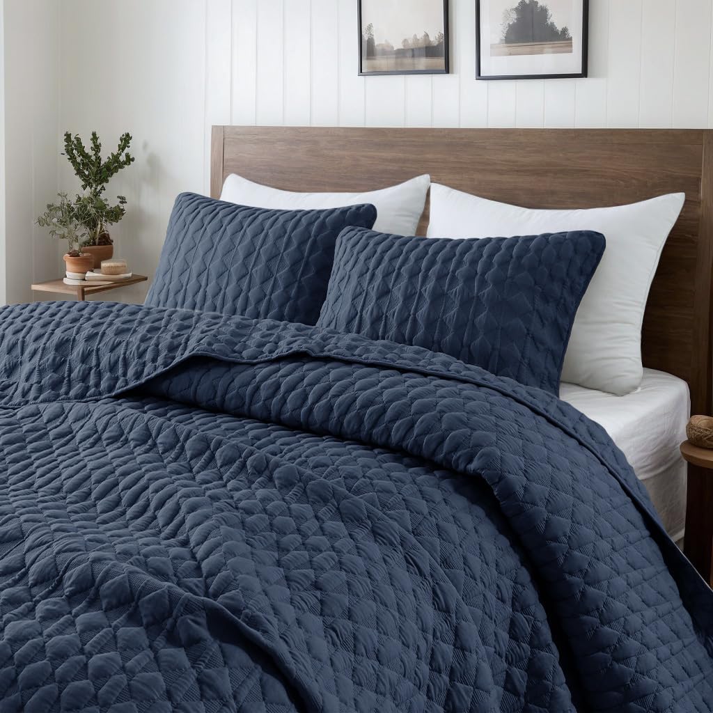 WDCOZY WDCOZY Oversized California King Size Quilt Bedding Set Navy Blue Lightweight Soft Bedspread Coverlet 3 Pieces All Season 116x106 inches