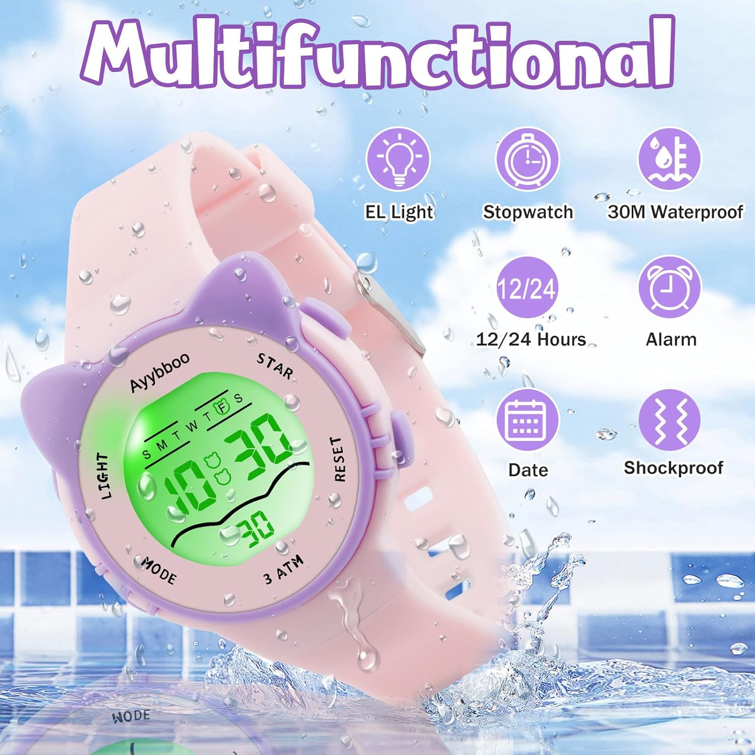 Ayybboo Ayybboo Digital Watches for Kids Waterproof with 7 Color Lights Alarm Stopwatch Cute Cat Design Gifts for Ages 5 to 13 - View 2 of 6