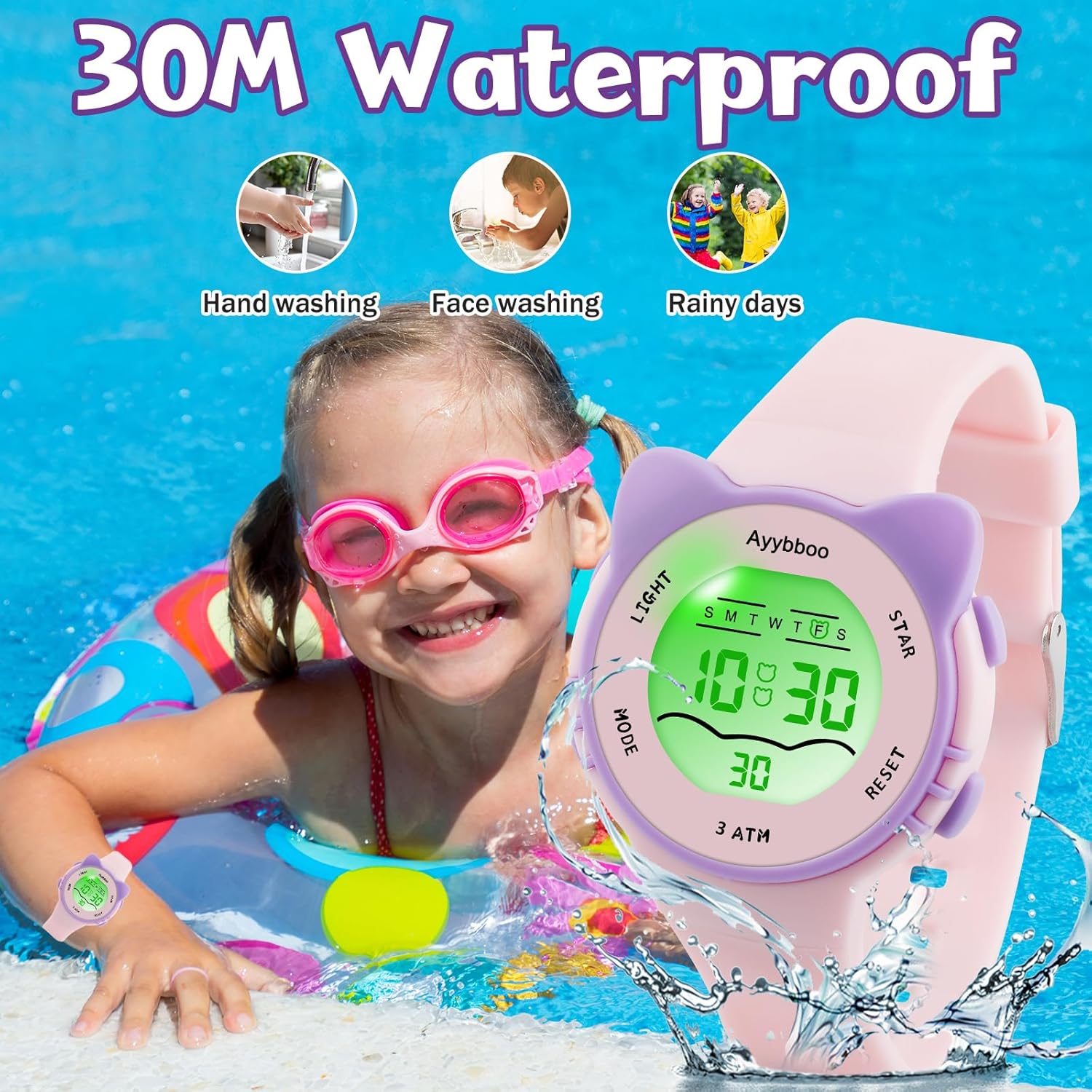 Ayybboo Ayybboo Digital Watches for Kids Waterproof with 7 Color Lights Alarm Stopwatch Cute Cat Design Gifts for Ages 5 to 13 - View 3 of 6
