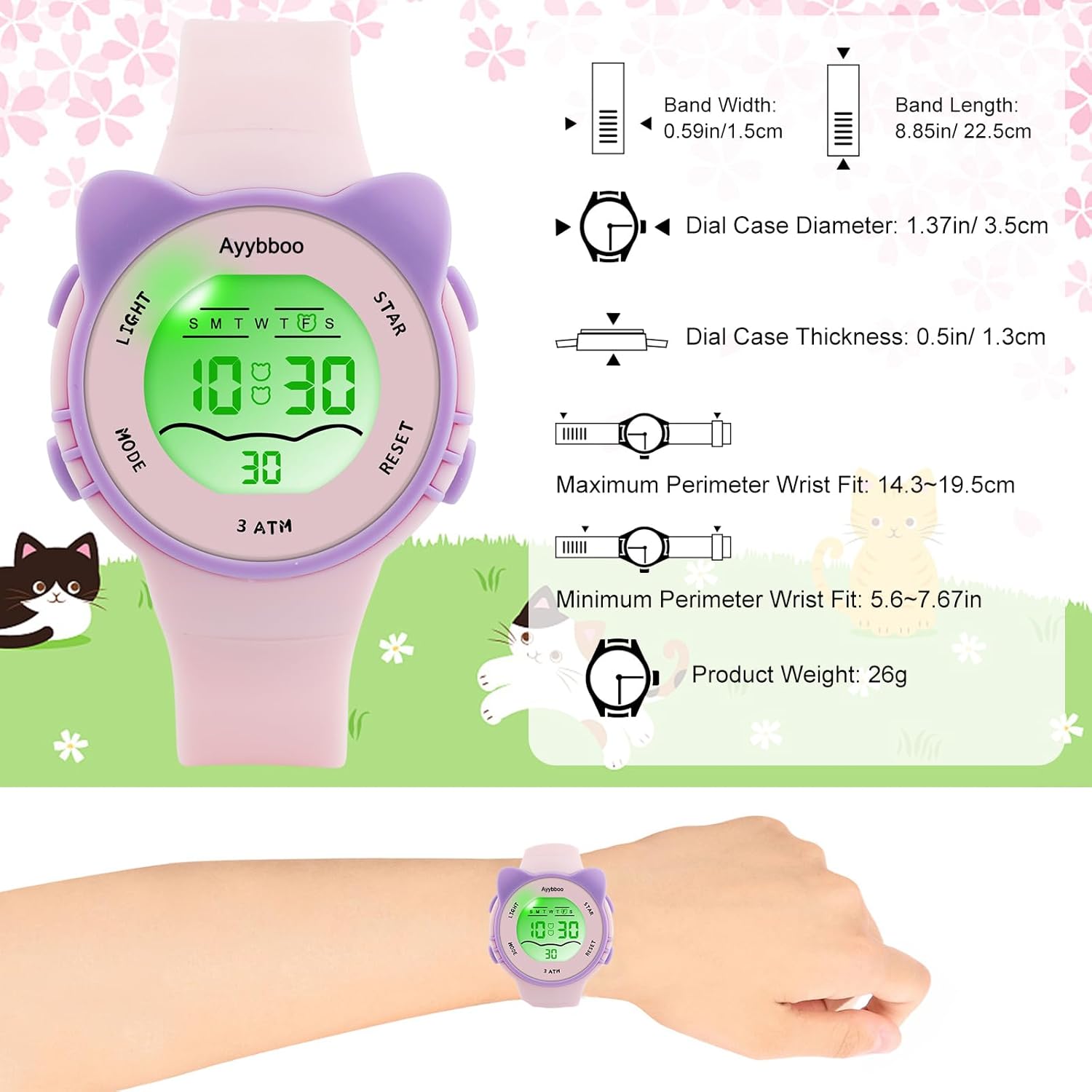 Ayybboo Ayybboo Digital Watches for Kids Waterproof with 7 Color Lights Alarm Stopwatch Cute Cat Design Gifts for Ages 5 to 13 - View 5 of 6