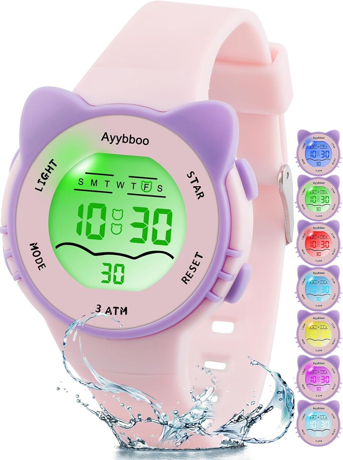 Ayybboo Ayybboo Digital Watches for Kids Waterproof with 7 Color Lights Alarm Stopwatch Cute Cat Design Gifts for Ages 5 to 13