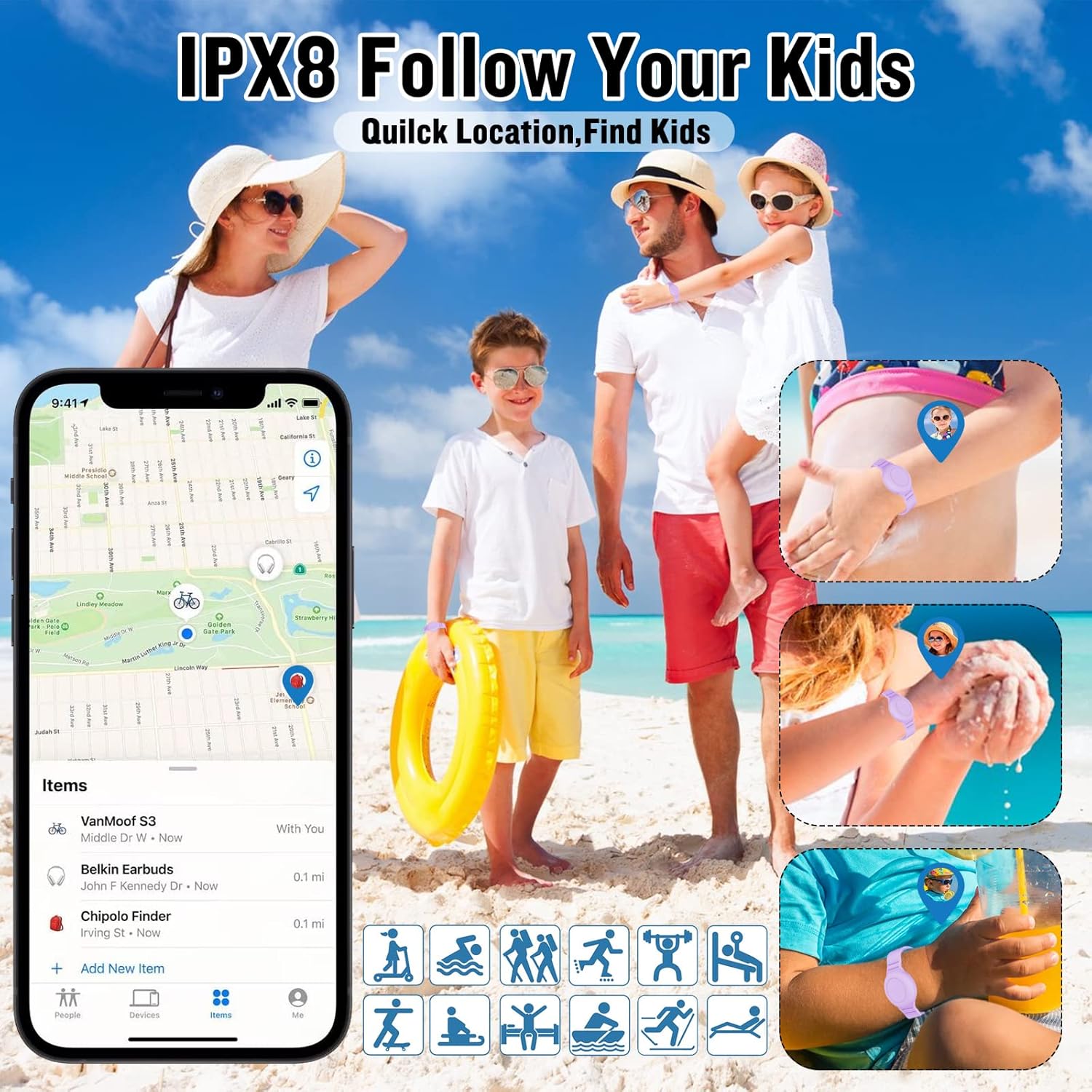 KAHADI KAHADI 2 Pack Waterproof AirTag Bracelet for Kids Silicone Wristband GPS Tracker Case Child Toddler Secure Anti-Loss Protection Blue Purple - View 4 of 6