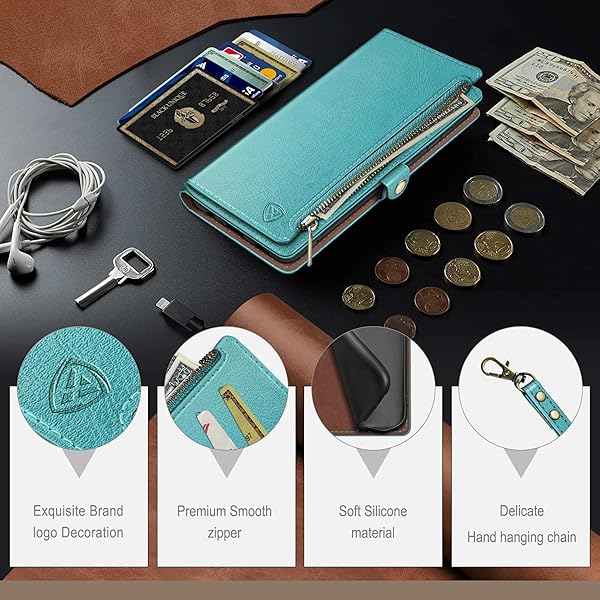 XcaseBar XcaseBar iPhone 13 Wallet Case Zipper Credit Card Holder RFID Blocking Flip Folio PU Leather Shockproof Cover for Apple 13 Blue Green - View 8 of 8