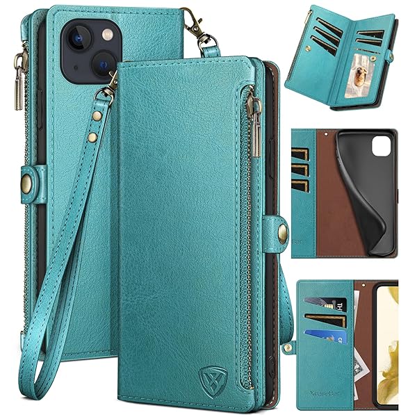 XcaseBar XcaseBar iPhone 13 Wallet Case Zipper Credit Card Holder RFID Blocking Flip Folio PU Leather Shockproof Cover for Apple 13 Blue Green - View 2 of 8