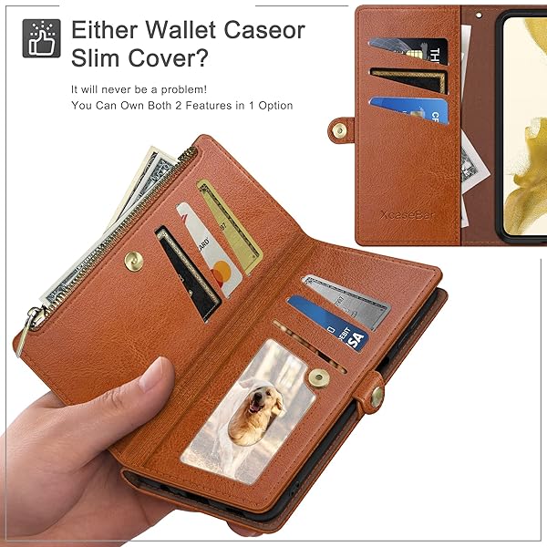 XcaseBar XcaseBar iPhone 13 Wallet Case Zipper Credit Card Holder RFID Blocking Flip Folio PU Leather Shockproof Cover Light Brown - View 5 of 8