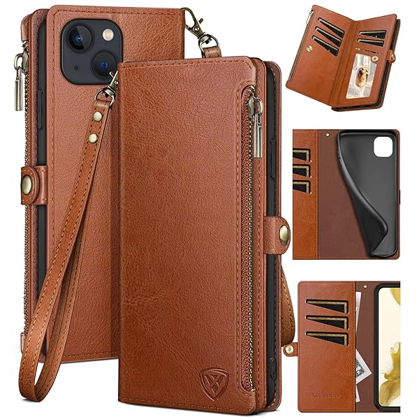 XcaseBar XcaseBar iPhone 13 Wallet Case Zipper Credit Card Holder RFID Blocking Flip Folio PU Leather Shockproof Cover Light Brown - View 2 of 8