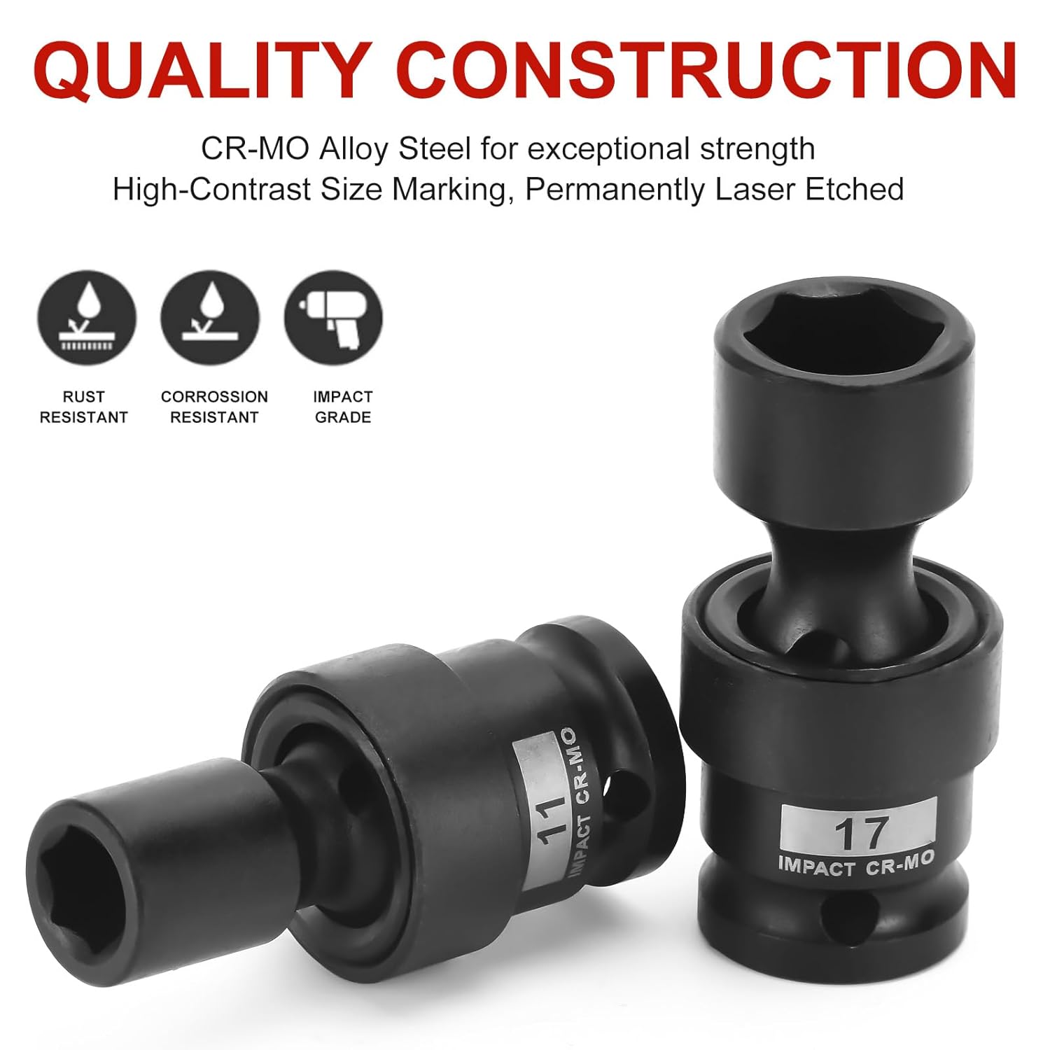 AOBEN AOBEN 18 PCS 1/2 Inch Drive Shallow Universal Impact Socket Set with Swivel Socket Flexible Wobble 6 Point Metric 10-24mm Cr-V Steel - View 4 of 7