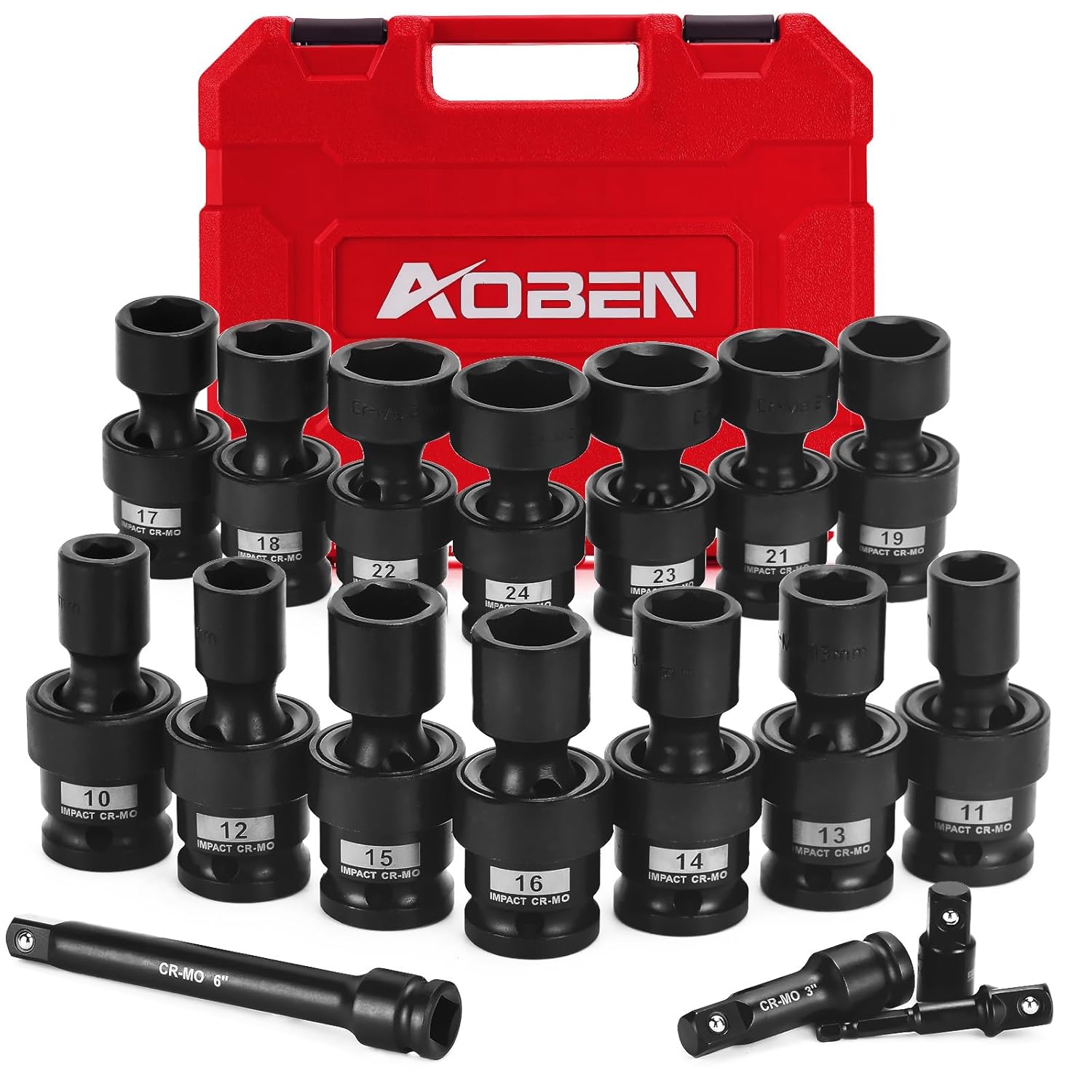 AOBEN AOBEN 18 PCS 1/2 Inch Drive Shallow Universal Impact Socket Set with Swivel Socket Flexible Wobble 6 Point Metric 10-24mm Cr-V Steel