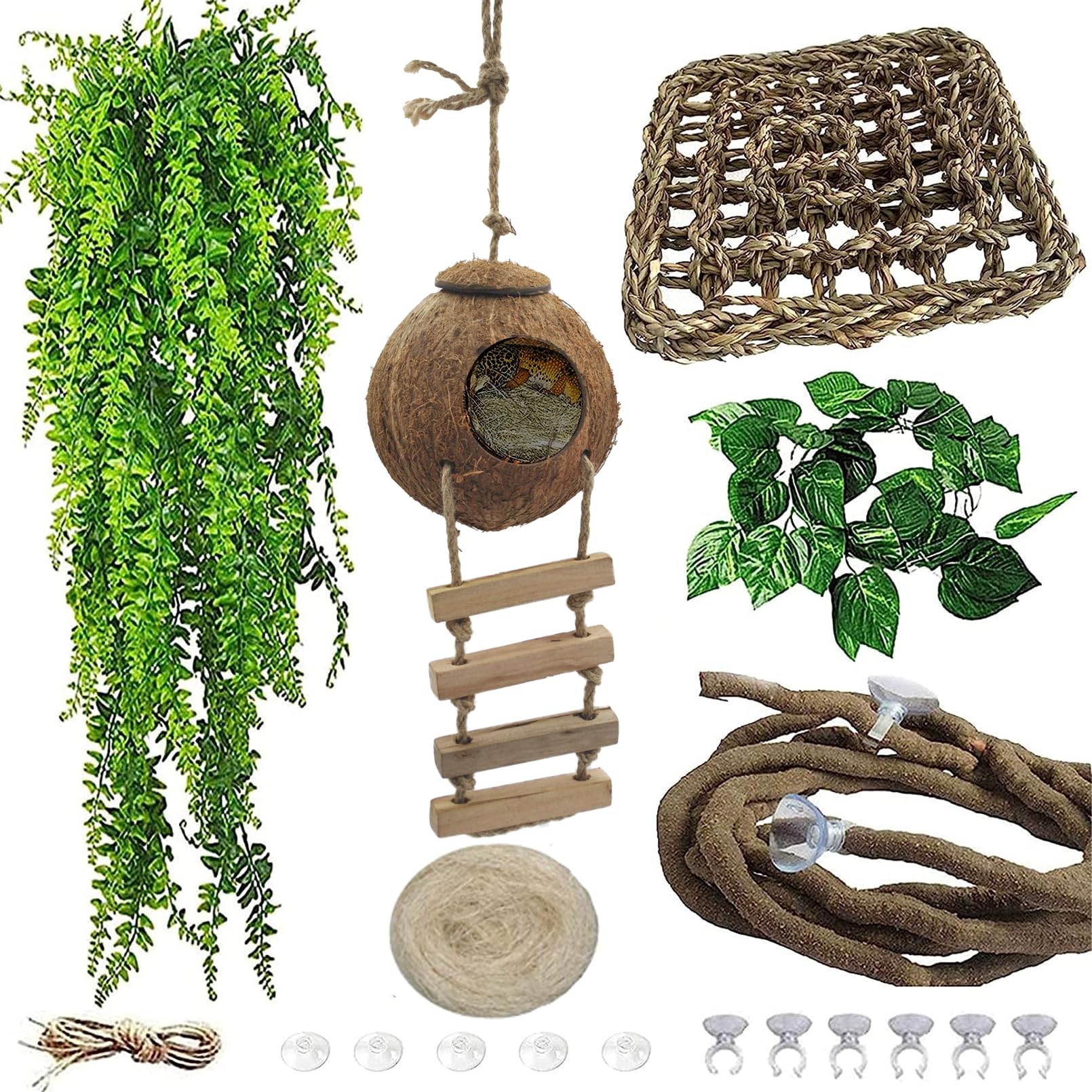 MUYG MUYG 5PCS Coconut Hut for Gecko and Lizard with Ladder and Reptile Hammock Ideal for Bearded Dragon Tank Accessories and Jungle Decor