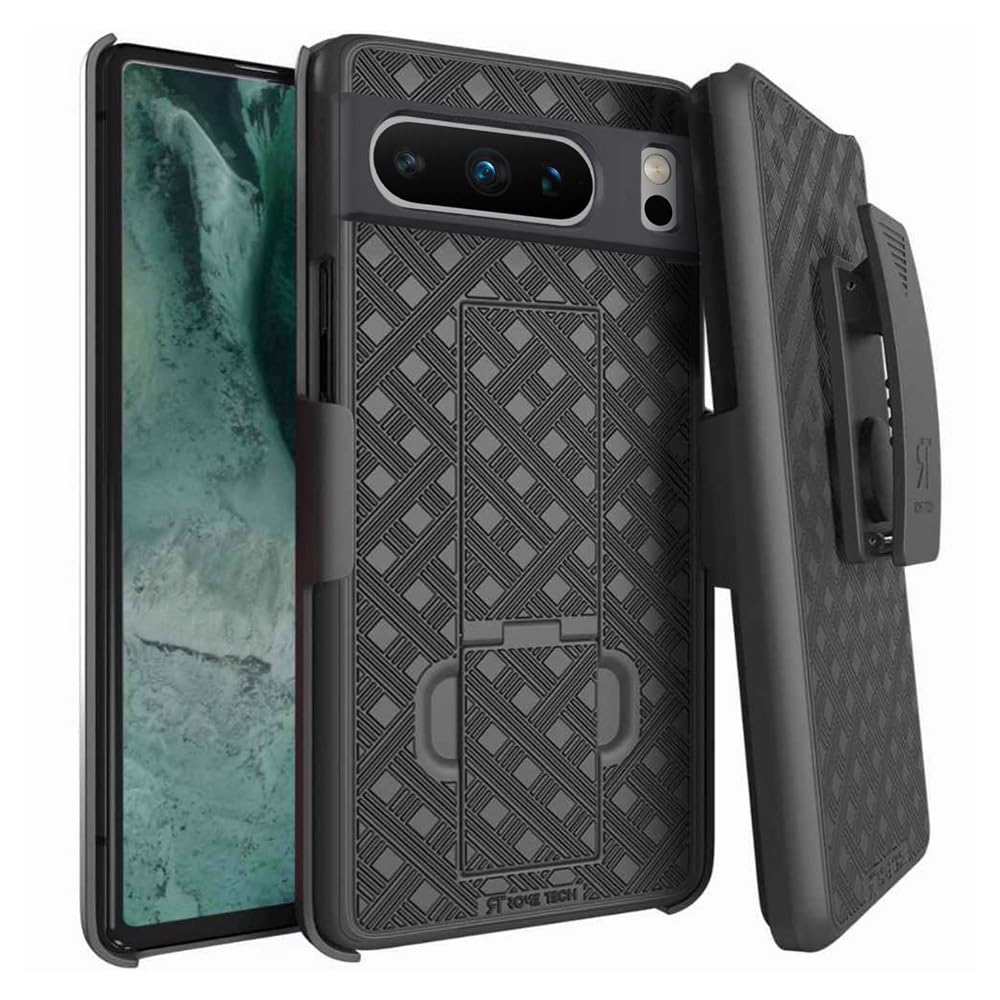 Rome Tech Google Pixel 8 Pro Case with Belt Clip Holster and Kickstand Slim Cover in Black