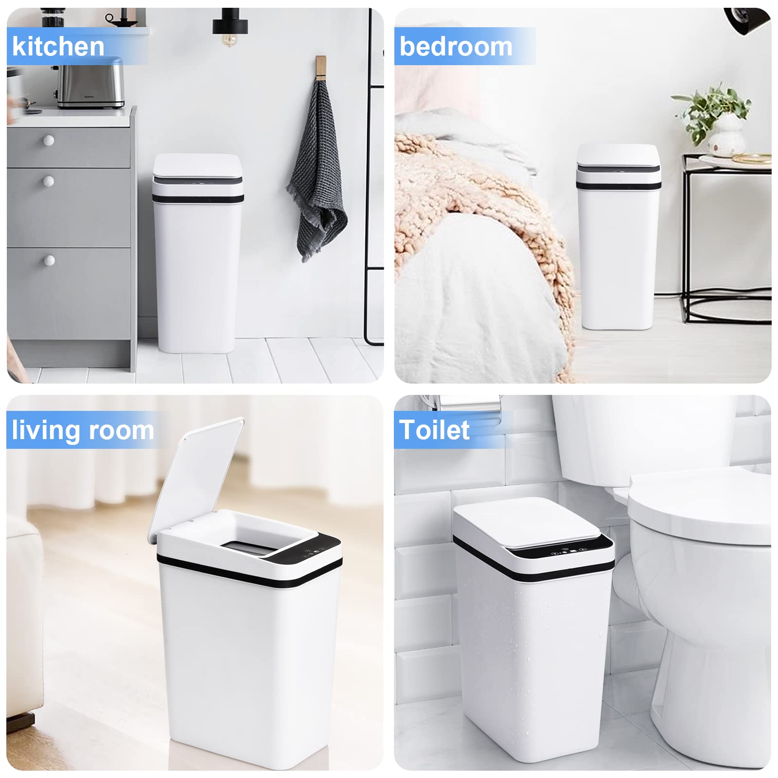 Anborry Anborry Touchless Bathroom Trash Cans 2 Pack 2.2 Gallon Slim Automatic Motion Sensor Garbage Bins for Home Office Kitchen White - View 9 of 9
