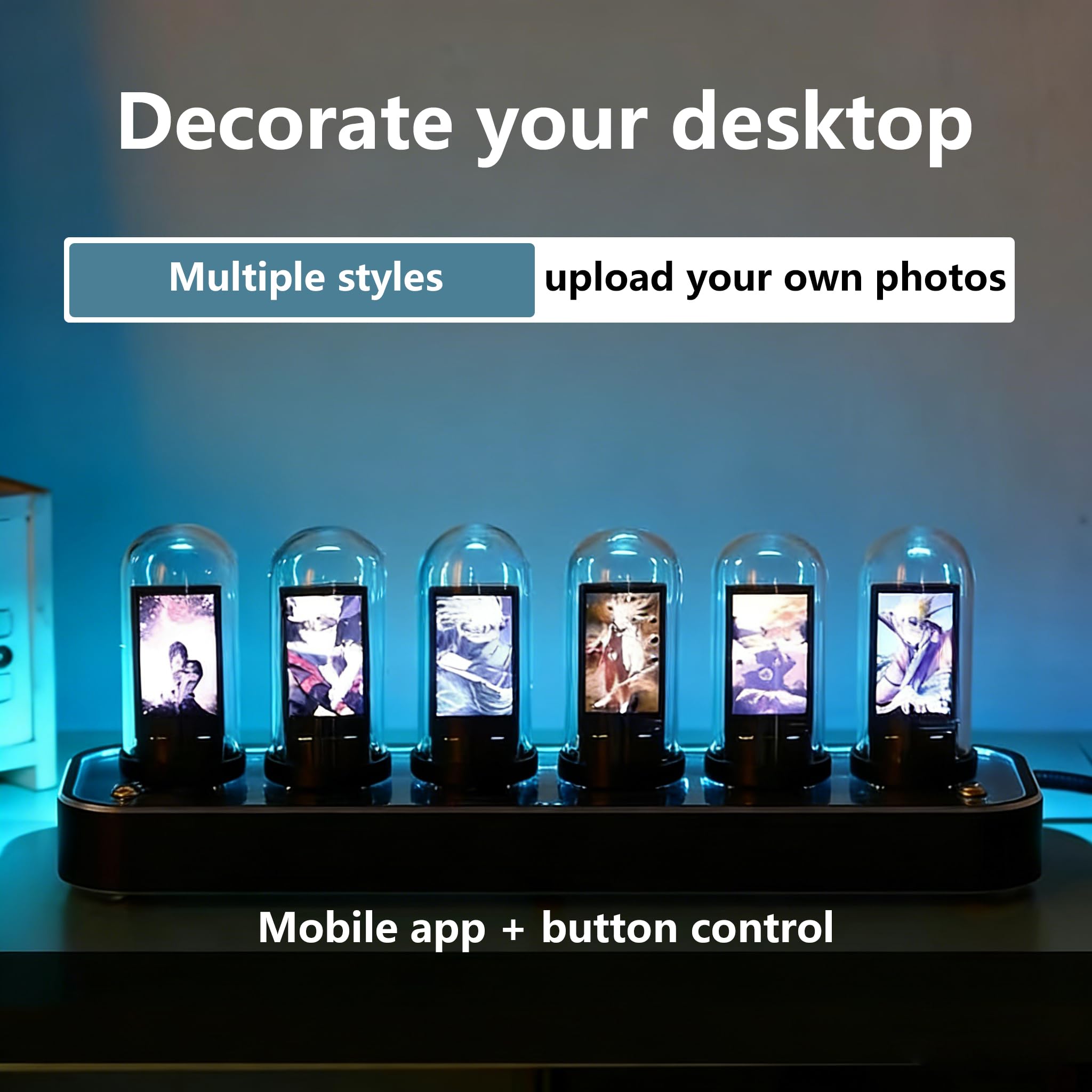TPHRAVAL Nixie Clock Imitation Glow Tube with Custom Picture Upload Gesture Control 12/24 Hour Switch 40 Styles Aluminum Alloy Base Creative Decor - View 3 of 7