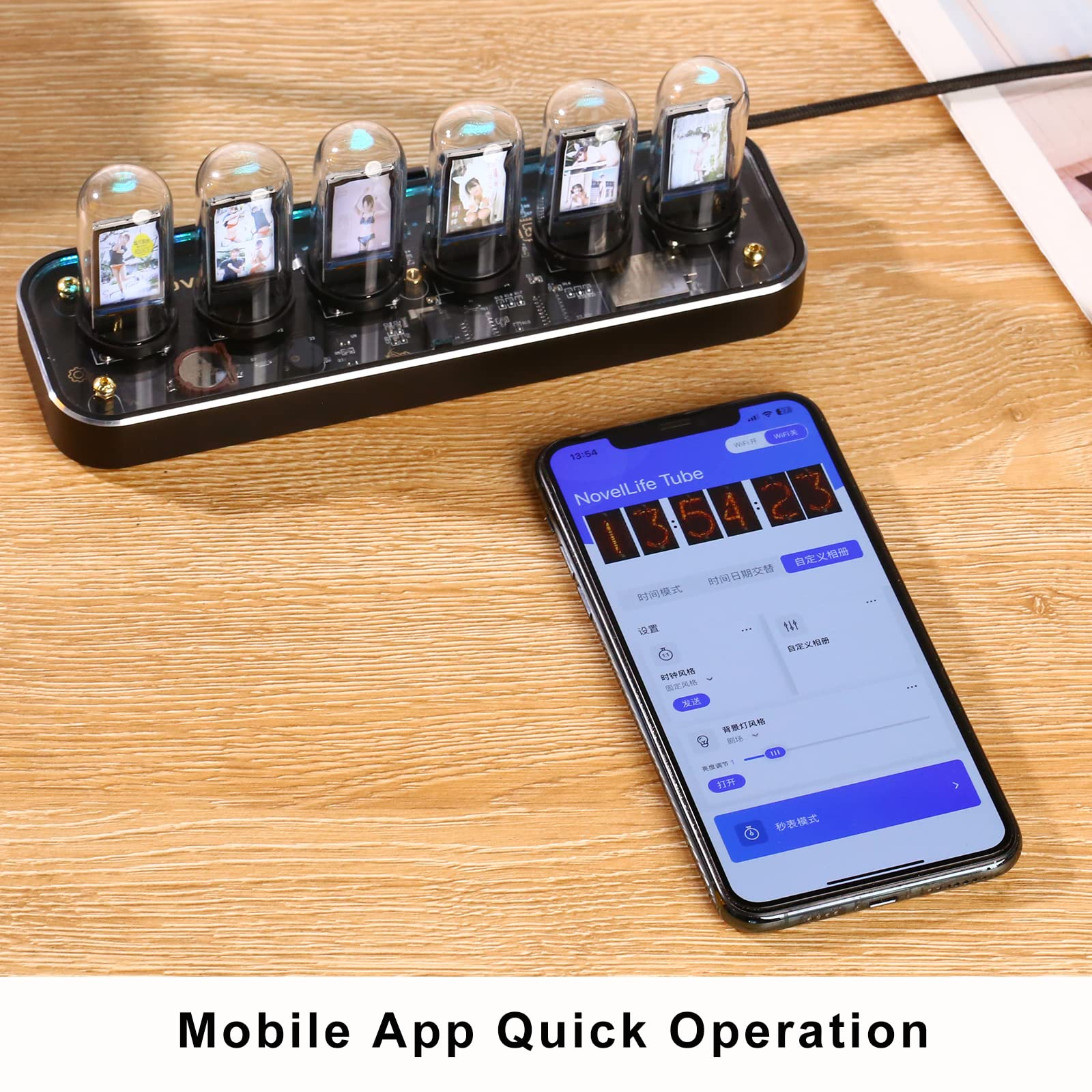 TPHRAVAL Nixie Clock Imitation Glow Tube with Custom Picture Upload Gesture Control 12/24 Hour Switch 40 Styles Aluminum Alloy Base Creative Decor - View 5 of 7
