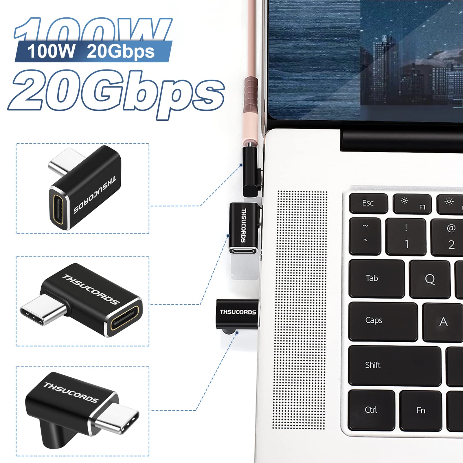 Thsucords Thsucords 90 Degree USB C Adapter 2 Pack Right Angle Extender Connector 100W 20Gbps for Steam Deck Switch MacBook 4K Video - View 2 of 7