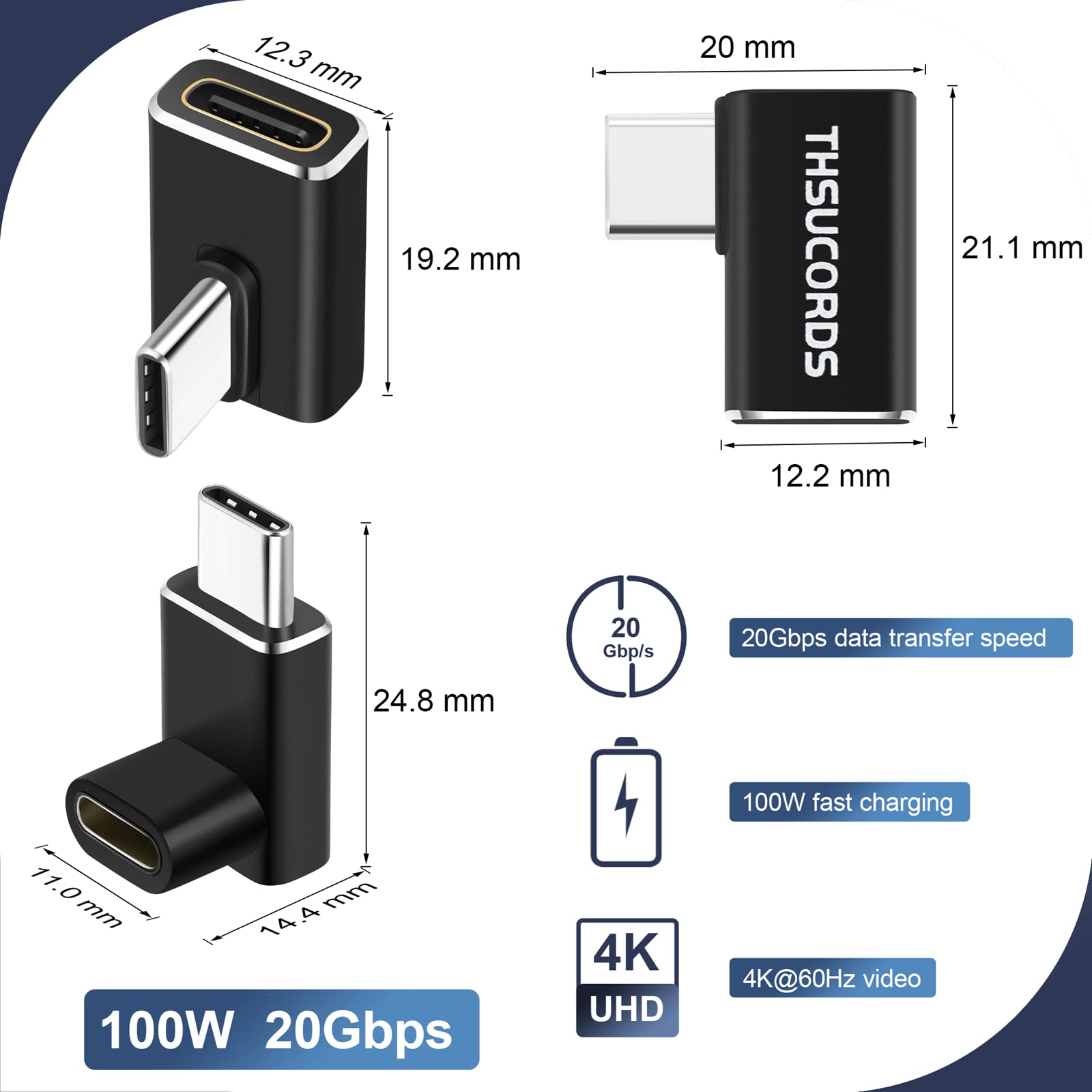 Thsucords Thsucords 90 Degree USB C Adapter 2 Pack Right Angle Extender Connector 100W 20Gbps for Steam Deck Switch MacBook 4K Video - View 3 of 7