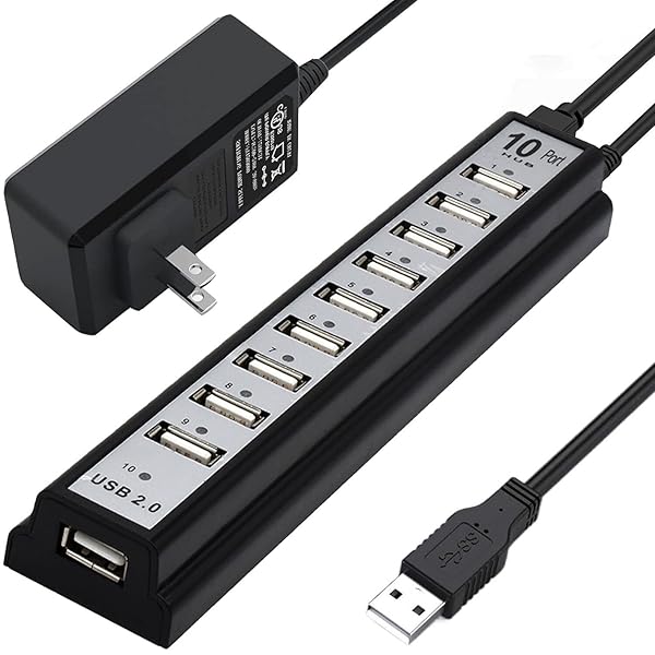 VIENON 10-Port USB Hub 2.0: Powered USB Extender with LED Indicators for Mac, PC, Laptop, Xbox & More