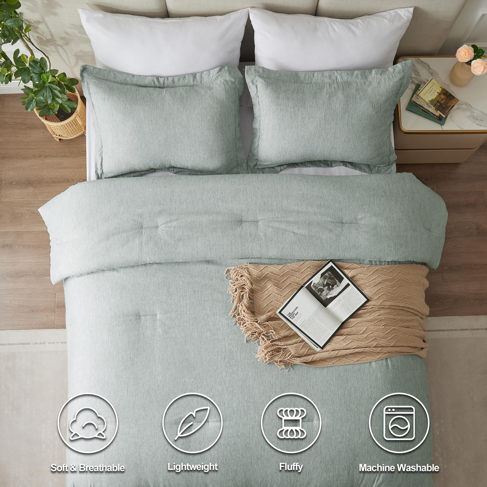 CozyLux CozyLux Queen Size Comforter Set 3 Pieces Sage Green Soft Luxury Bedding for All Season Breathable Lightweight Fluffy Boho Bed Set - View 2 of 9