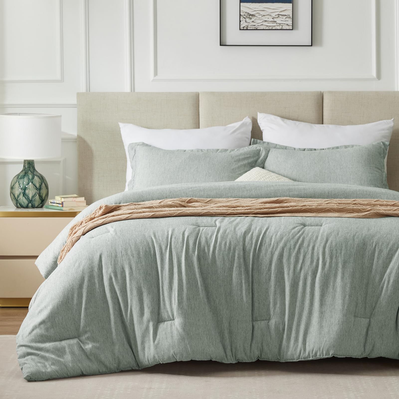 CozyLux CozyLux Queen Size Comforter Set 3 Pieces Sage Green Soft Luxury Bedding for All Season Breathable Lightweight Fluffy Boho Bed Set - View 8 of 9