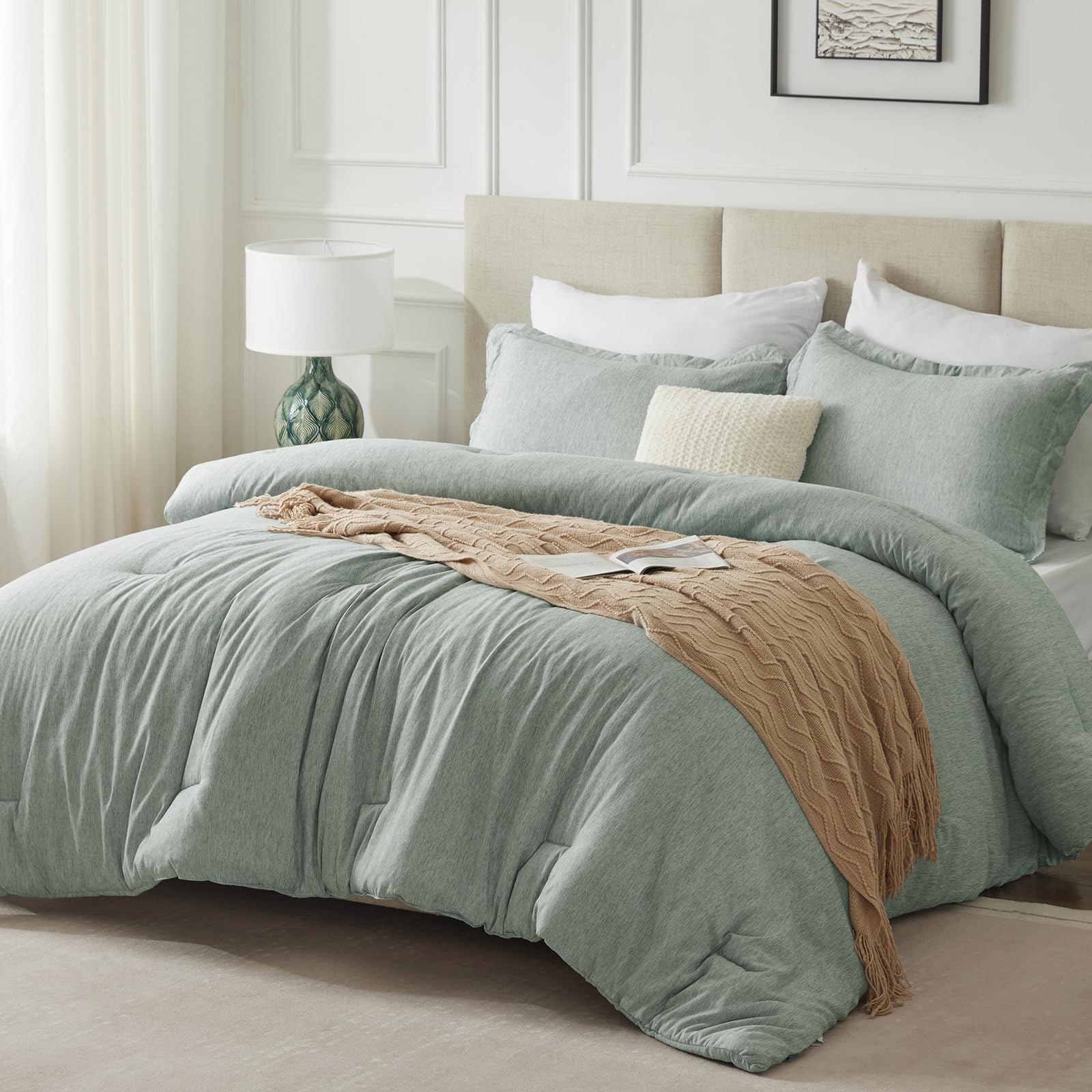 CozyLux CozyLux Queen Size Comforter Set 3 Pieces Sage Green Soft Luxury Bedding for All Season Breathable Lightweight Fluffy Boho Bed Set - View 9 of 9