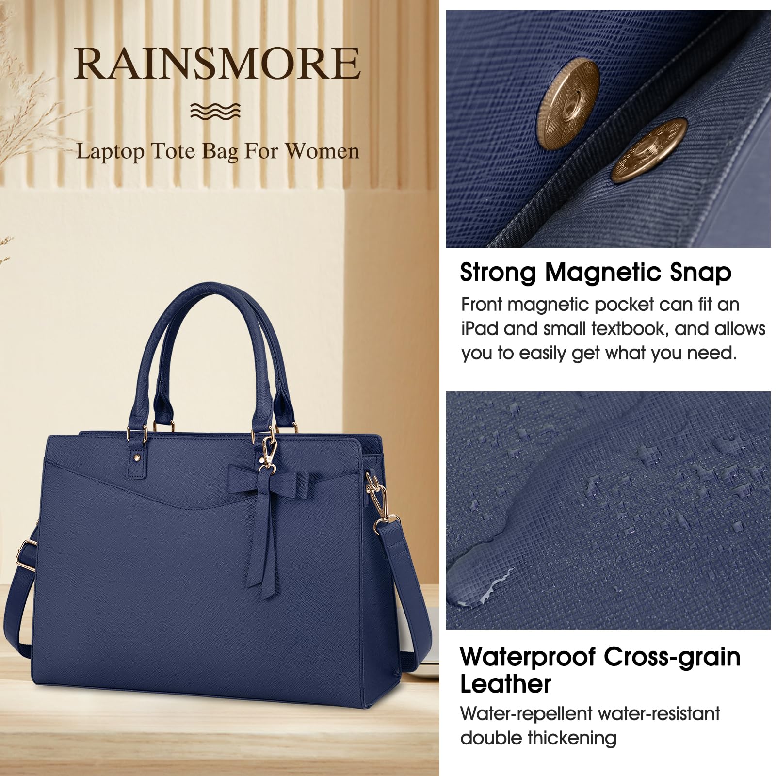 RAINSMORE 15.6 Inch Laptop Bag for Women Waterproof Tote Business Office Work Handbag Lightweight Shoulder Bag Blue - View 3 of 8