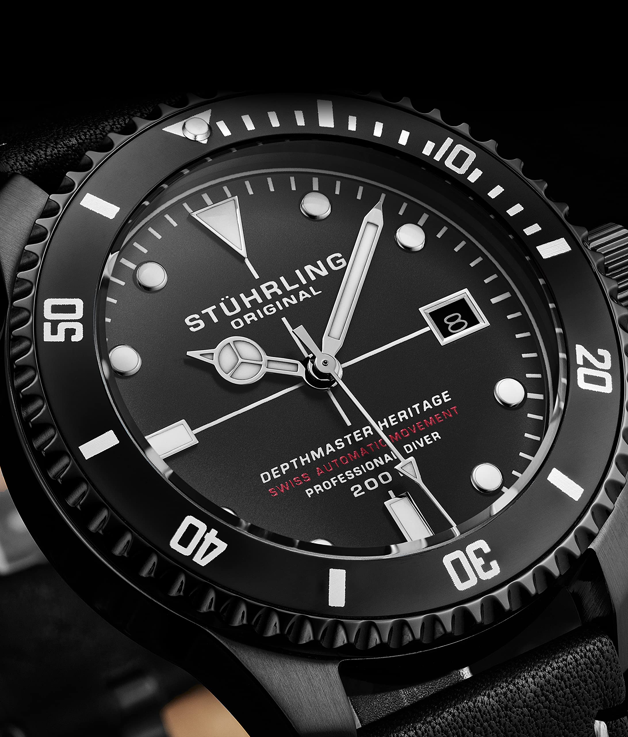 Stuhrling Original Stuhrling Original Mens Swiss Automatic Dive Watch 200 Meters Water Resistant 42mm Stainless Steel Professional with Leather Strap Black - View 2 of 5