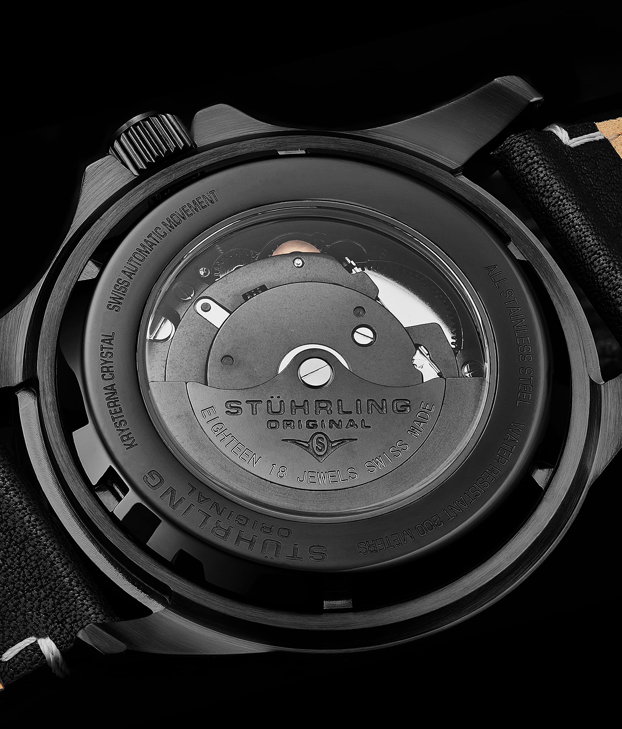 Stuhrling Original Stuhrling Original Mens Swiss Automatic Dive Watch 200 Meters Water Resistant 42mm Stainless Steel Professional with Leather Strap Black - View 4 of 5