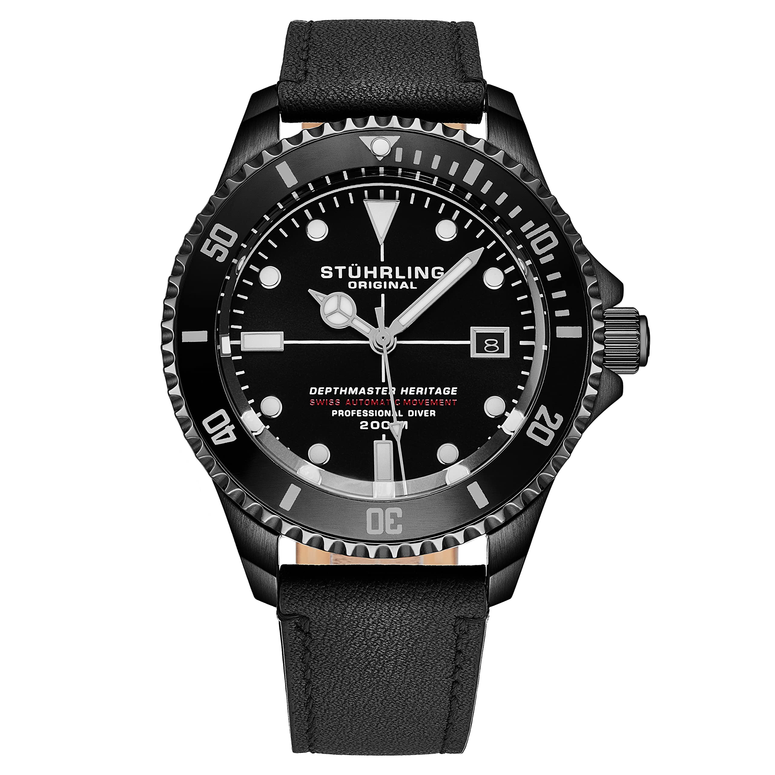 Stuhrling Original Stuhrling Original Mens Swiss Automatic Dive Watch 200 Meters Water Resistant 42mm Stainless Steel Professional with Leather Strap Black