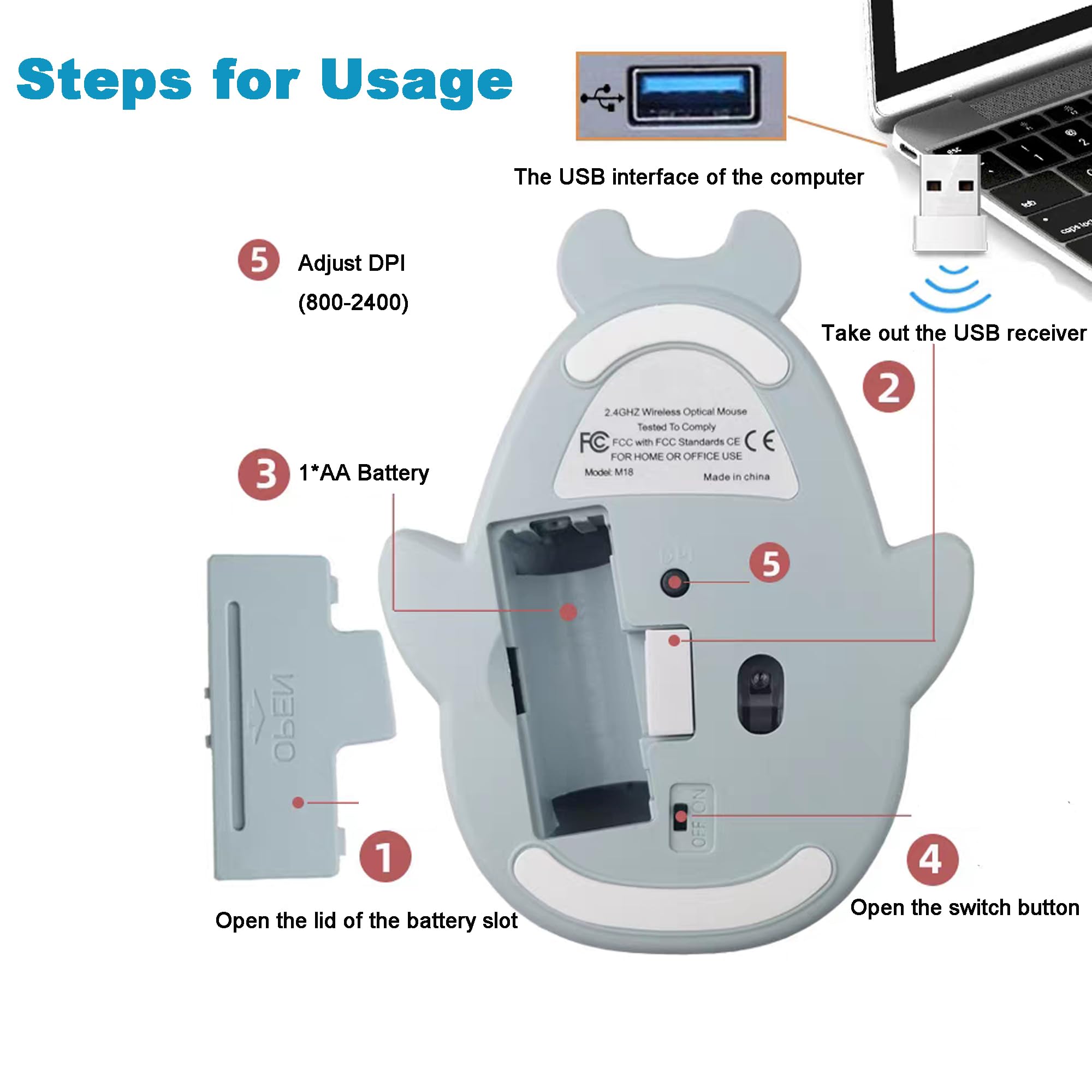 Samudgate Samudgate Cute Dolphin Wireless Mouse 2.4 GHz USB 1200DPI Portable Small Computer Mouse for Travel Office Home Laptop Blue - View 5 of 6