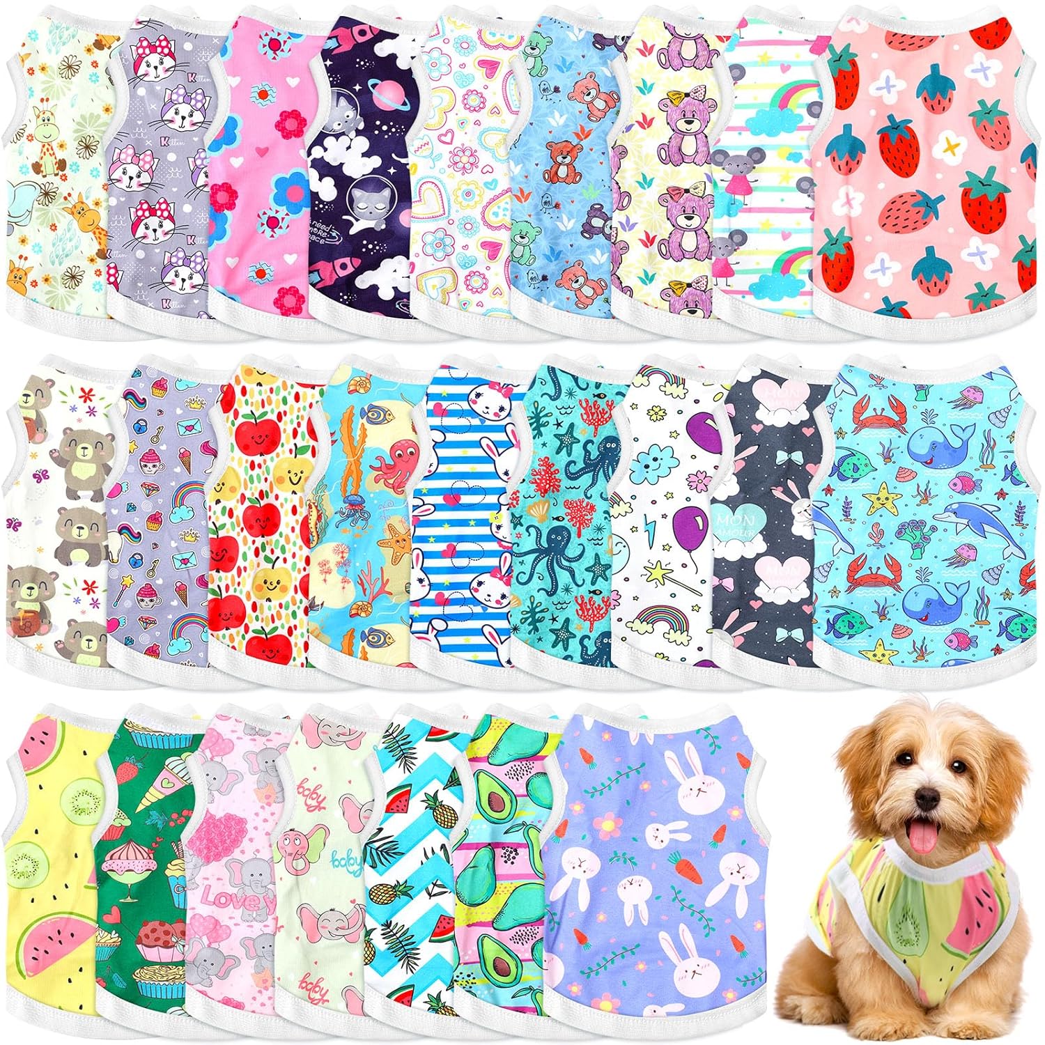 Paterr Paterr 25 Pcs Dog Shirts Cartoon T Shirts for Dogs and Cats Soft Breathable Puppy Clothing Summer Party Outfits Size S