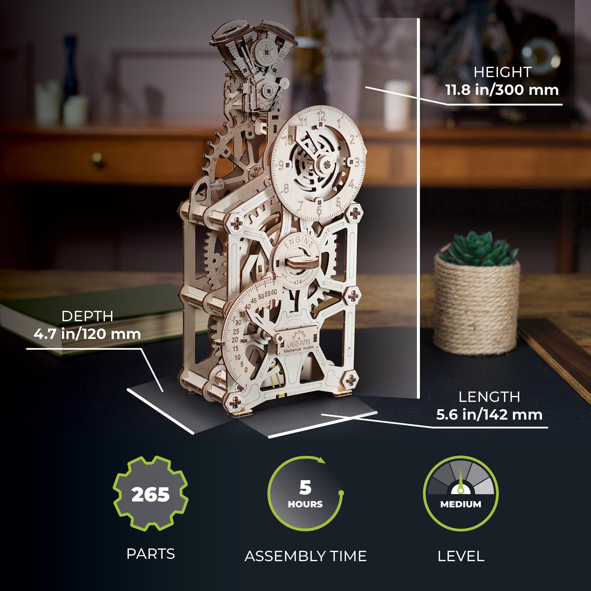 UGEARS UGEARS Engine Clock 3D Wooden Puzzle for Adults Functional DIY Table Clock Kit with Moving Pistons 265 Pcs Miniature Model to Build - View 2 of 9