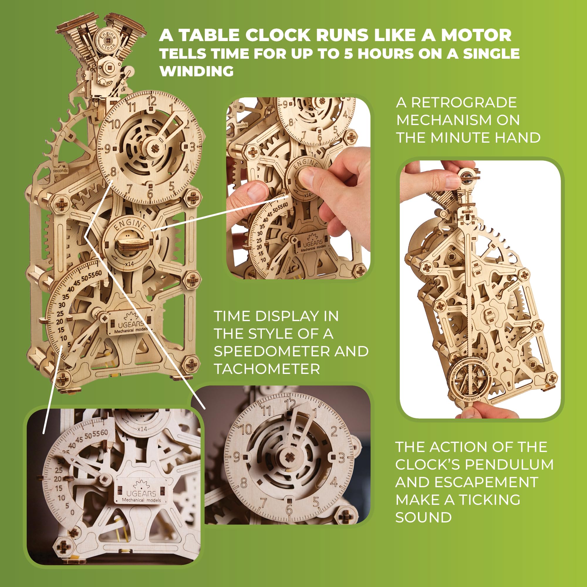UGEARS UGEARS Engine Clock 3D Wooden Puzzle for Adults Functional DIY Table Clock Kit with Moving Pistons 265 Pcs Miniature Model to Build - View 4 of 9
